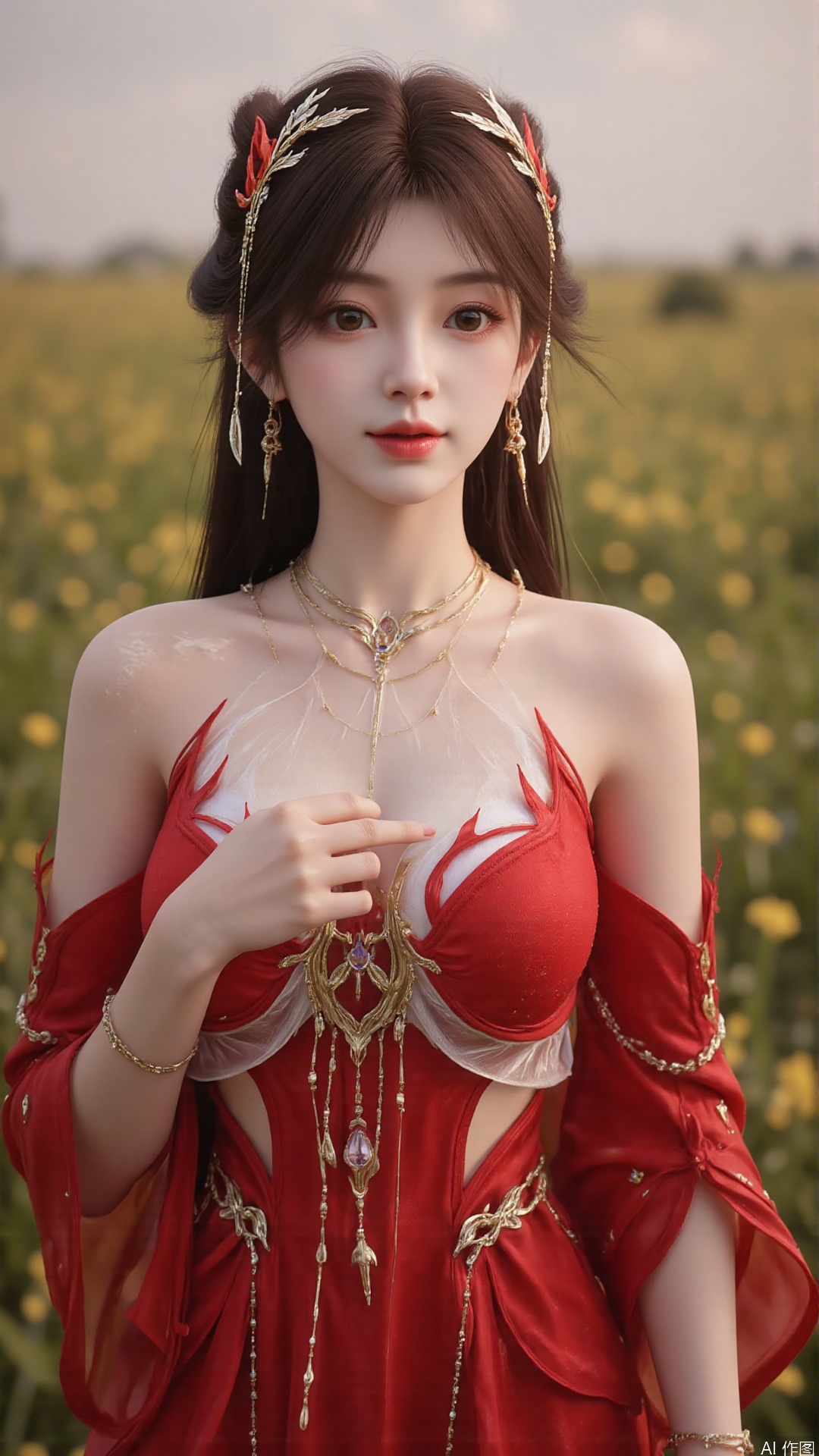 1girl, solo, brown hair, hair ornament, long hair, bare shoulders, looking at viewer, brown eyes, jewelry, red dress, perfect body, scenery, sharp focus, best quality, masterpiece, detailed outfit, illustration, perfect eyes, finely detailed beautiful anime eyes, realistic skin, intricate details, best lighting, depth of field, ultra high resolution, full body 