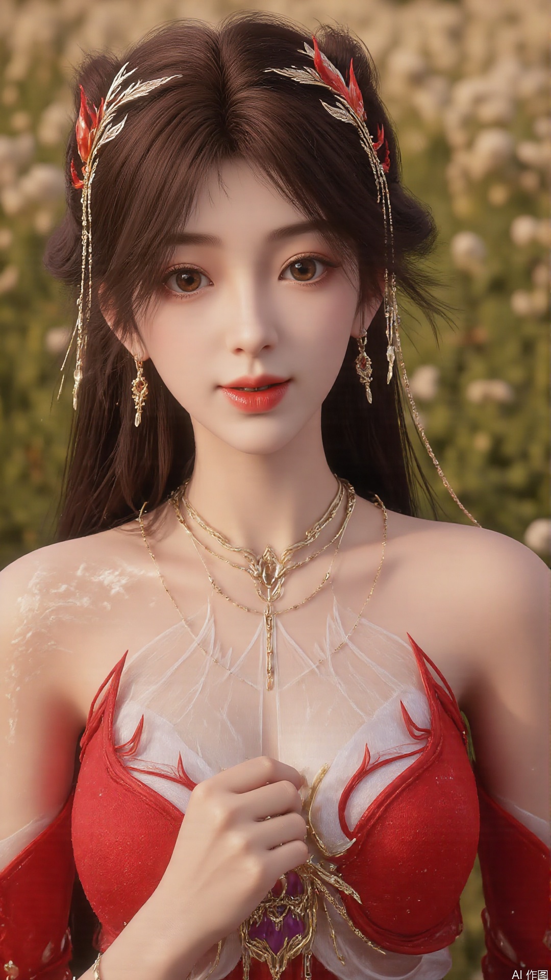 1girl, solo, brown hair, hair ornament, long hair, bare shoulders, looking at viewer, brown eyes, jewelry, red dress, perfect body, scenery, sharp focus, best quality, masterpiece, detailed outfit, illustration, perfect eyes, finely detailed beautiful anime eyes, realistic skin, intricate details, best lighting, depth of field, ultra high resolution, full body 