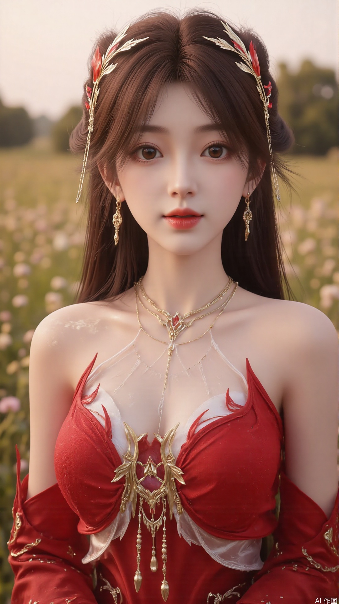 1girl, solo, brown hair, hair ornament, long hair, bare shoulders, looking at viewer, brown eyes, jewelry, red dress, perfect body, scenery, sharp focus, best quality, masterpiece, detailed outfit, illustration, perfect eyes, finely detailed beautiful anime eyes, realistic skin, intricate details, best lighting, depth of field, ultra high resolution, full body 