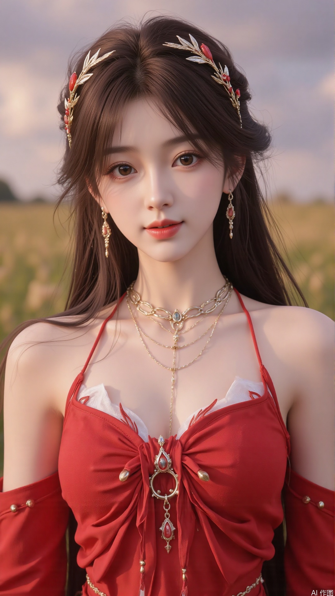 1girl, solo, brown hair, hair ornament, long hair, bare shoulders, looking at viewer, brown eyes, jewelry, red dress, mischevious smile, perfect body, scenery, sharp focus, best quality, masterpiece, detailed outfit, illustration, perfect eyes, finely detailed beautiful anime eyes, realistic skin, intricate details, best lighting, depth of field, ultra high resolution,cowboy_shot
