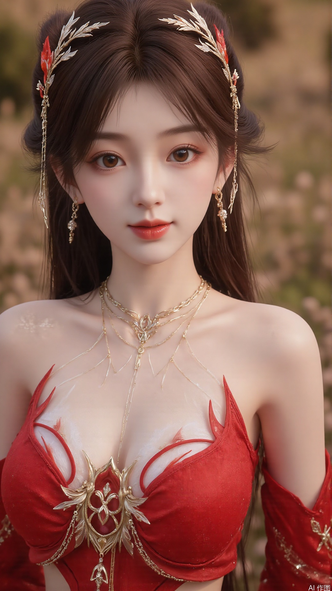 1girl, solo, brown hair, hair ornament, long hair, bare shoulders, looking at viewer, brown eyes, jewelry, red dress, mischevious smile, perfect body, scenery, sharp focus, best quality, masterpiece, detailed outfit, illustration, perfect eyes, finely detailed beautiful anime eyes, realistic skin, intricate details, best lighting, depth of field, ultra high resolution,cowboy_shot