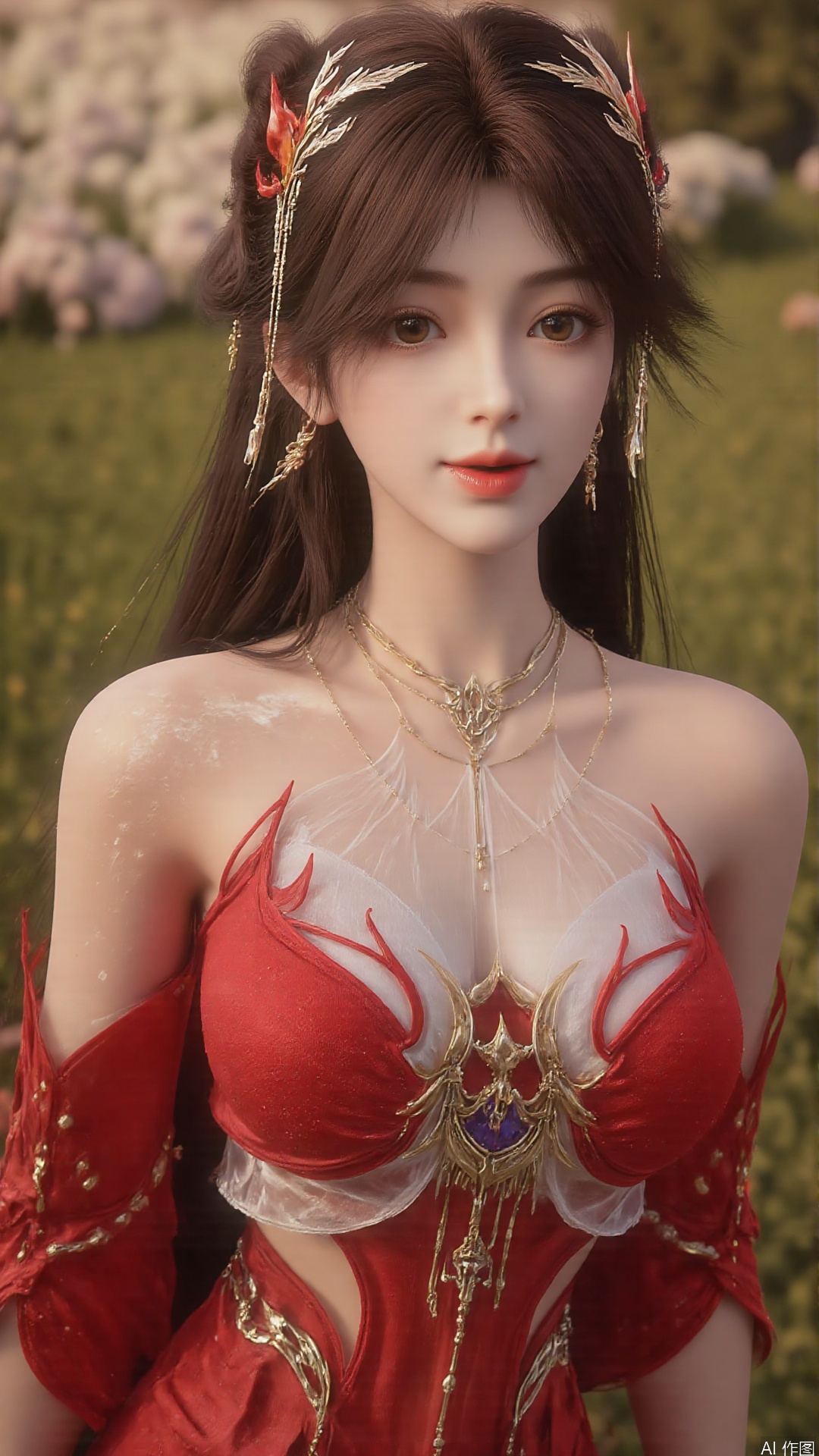 1girl, solo, brown hair, hair ornament, long hair, bare shoulders, looking at viewer, brown eyes, jewelry, red dress, perfect body, scenery, sharp focus, best quality, masterpiece, detailed outfit, illustration, perfect eyes, finely detailed beautiful anime eyes, realistic skin, intricate details, best lighting, depth of field, ultra high resolution, full body 
