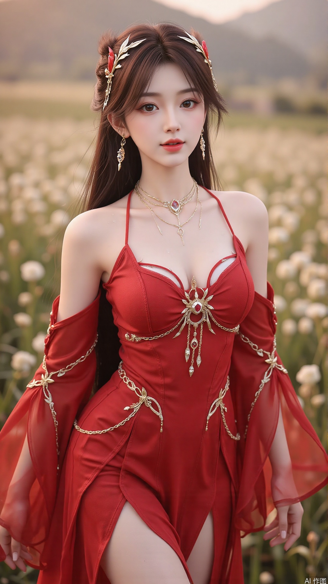 1girl, solo, brown hair, hair ornament, long hair, bare shoulders, looking at viewer, brown eyes, jewelry, red dress, perfect body, scenery, sharp focus, best quality, masterpiece, detailed outfit, illustration, perfect eyes, finely detailed beautiful anime eyes, realistic skin, intricate details, best lighting, depth of field, ultra high resolution, full body 