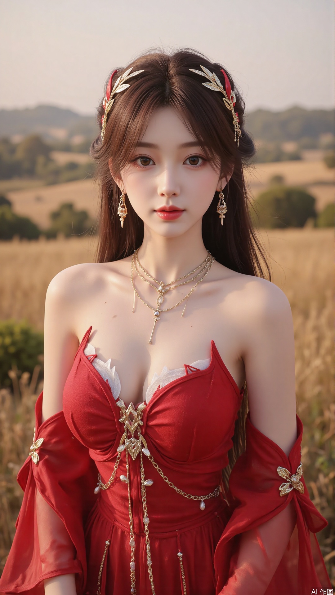1girl, solo, brown hair, hair ornament, long hair, bare shoulders, looking at viewer, brown eyes, jewelry, red dress, perfect body, scenery, sharp focus, best quality, masterpiece, detailed outfit, illustration, perfect eyes, finely detailed beautiful anime eyes, realistic skin, intricate details, best lighting, depth of field, ultra high resolution, full body 