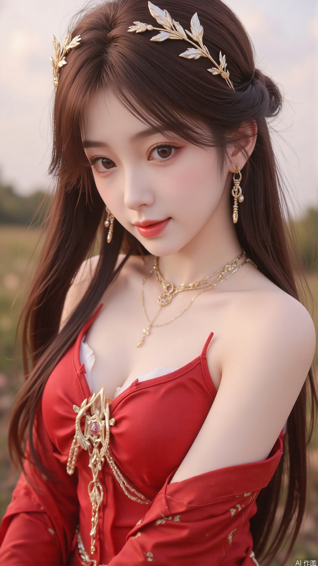 1girl, solo, brown hair, hair ornament, long hair, bare shoulders, looking at viewer, brown eyes, jewelry, red dress, mischevious smile, perfect body, scenery, sharp focus, best quality, masterpiece, detailed outfit, illustration, perfect eyes, finely detailed beautiful anime eyes, realistic skin, intricate details, best lighting, depth of field, ultra high resolution,cowboy_shot