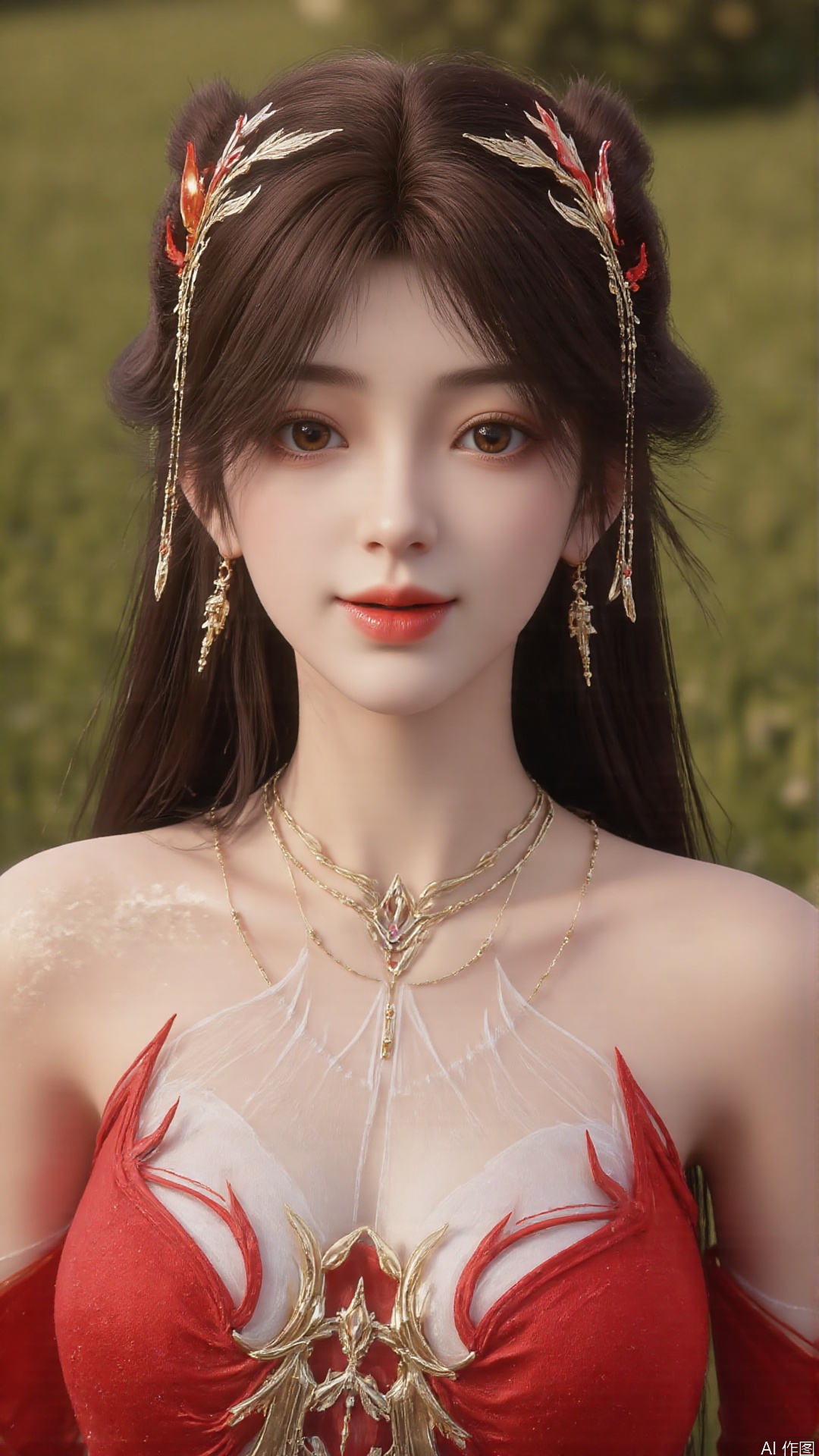 1girl, solo, brown hair, hair ornament, long hair, bare shoulders, looking at viewer, brown eyes, jewelry, red dress, mischevious smile, perfect body, scenery, sharp focus, best quality, masterpiece, detailed outfit, illustration, perfect eyes, finely detailed beautiful anime eyes, realistic skin, intricate details, best lighting, depth of field, ultra high resolution,cowboy_shot