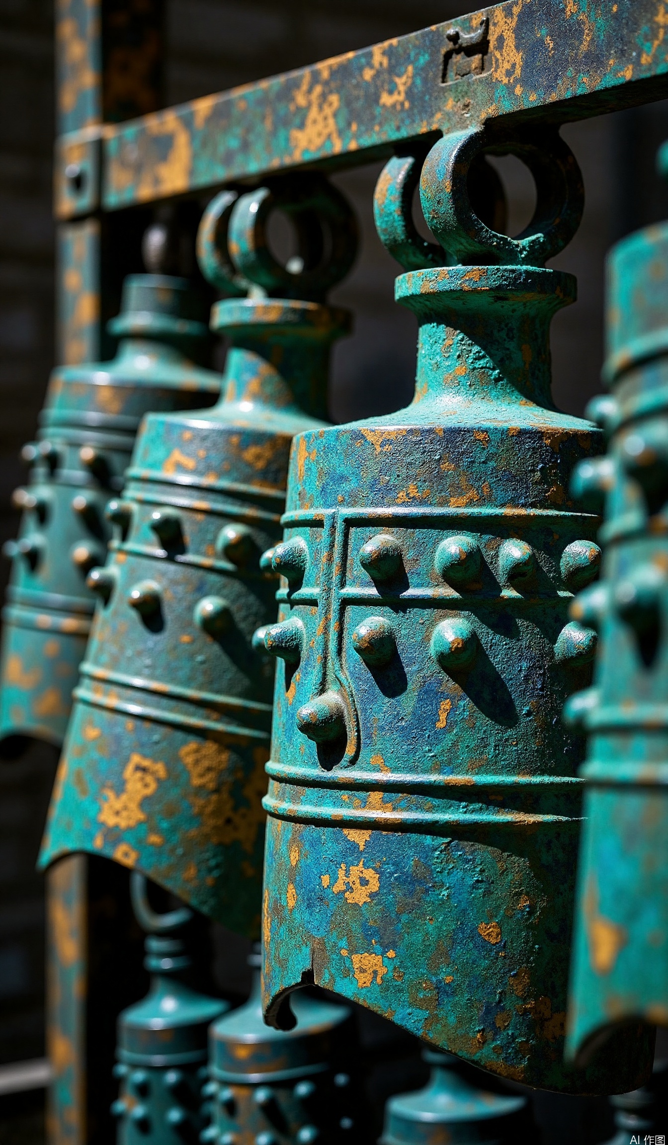 The image shows a close-up of a set of antique bronze bells. The bells are adorned with intricate designs, including small protrusions that resemble rivets or studs. The surface of the bells is weathered, with a patina of greenish-blue and hints of gold, suggesting age and historical significance. The bells are mounted on a metal framework, and the image captures the texture and details of the metalwork, highlighting the craftsmanship involved in their creation. The background is blurred, drawing focus to the bells in the foreground.