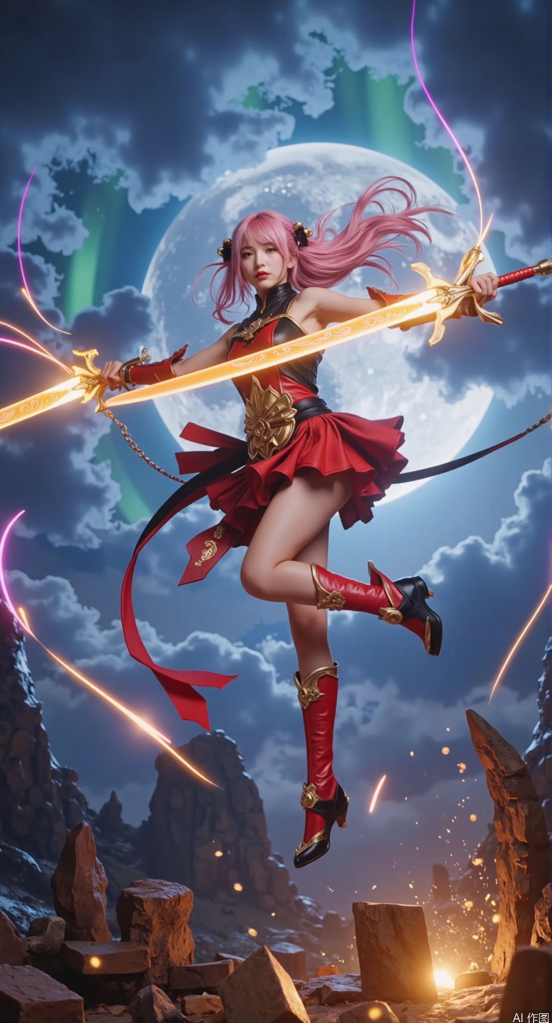 1girl, DNF Windblade, 18yo, long pink hair flowing mid-air, dual wielding glowing light swords
Dynamic jumping pose, spinning swords creating colorful energy arcs
Golden flame-decorated red-black leather boots with lotus motifs
Shoes crushing shattered sea palace crystals, golden sparks trailing from heels
Nezha-style red cloth skirt with golden lotus embroidery, fluttering ribbons
Blue ocean waves and fiery auroras in chaotic sky background
Ultra-wide fisheye perspective, dramatic lighting, high contrast shadows
Full body shot, cinematic composition, 32K resolution, best quality,neon energy trails, prismatic shockwaves,extreme leg extension, dynamic foreshortening