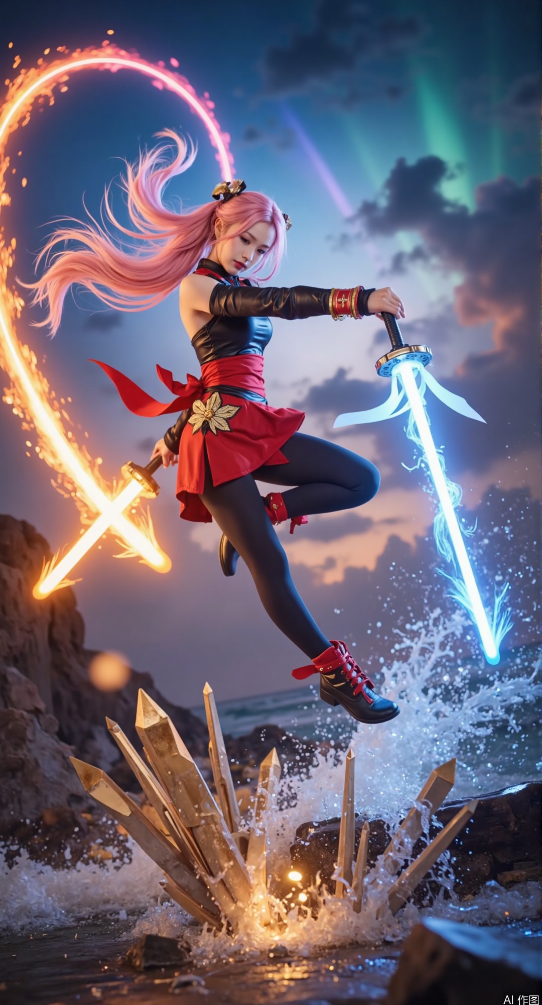 1girl, DNF Windblade, 18yo, long pink hair flowing mid-air, dual wielding glowing light swords
Dynamic jumping pose, spinning swords creating colorful energy arcs
Golden flame-decorated red-black leather boots with lotus motifs
Shoes crushing shattered sea palace crystals, golden sparks trailing from heels
Nezha-style red cloth skirt with golden lotus embroidery, fluttering ribbons
Blue ocean waves and fiery auroras in chaotic sky background
Ultra-wide fisheye perspective, dramatic lighting, high contrast shadows
Full body shot, cinematic composition, 32K resolution, best quality,neon energy trails, prismatic shockwaves,extreme leg extension, dynamic foreshortening