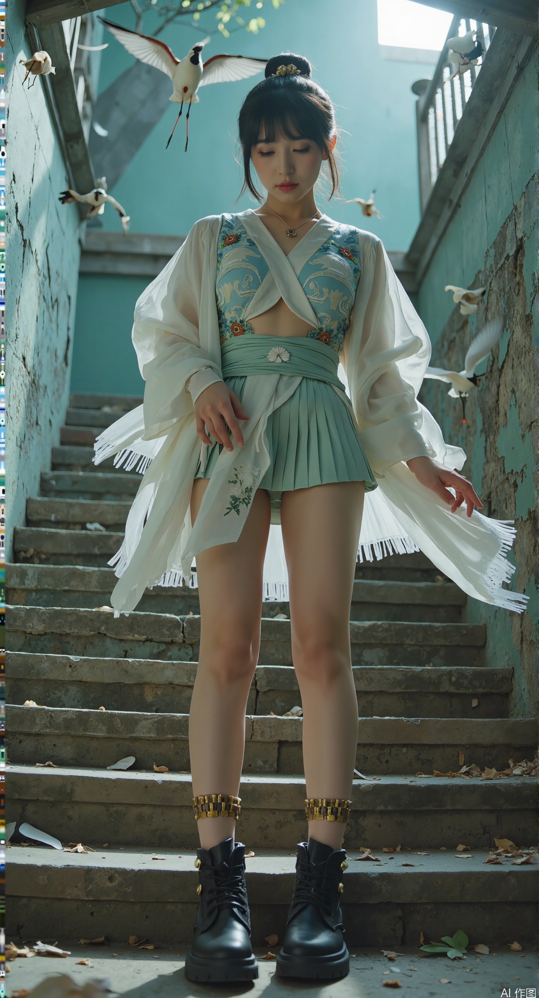best quality, masterpiece, ultra detailed, 
(worm's-eye view with 8mm fisheye distortion:1.4), 
18-year-old girl in cyber-Song dynasty fusion attire, 
(cross-collar jacket with kinetic tassel edges:1.3) 
revealing porcelain-crackle underskirts, 
high-waisted pleated skirt with 
(left side: dynamic wind-lifted panel showing 
glowing circuitry stockings), 
(right side: split design exposing 
layered silk garters with bead pendants), 
(thick-soled warrior shoes:1.2) with bronze studs 
and cloud motif embroidery, 
(floating hologram cranes:1.3) orbiting ankles, 
crumbling celadon staircase with neon-glazed cracks, 
chiaroscuro lighting casting 
(geometric shadows:1.1) across thighs, 
wind-tunnel affected waist sash forming 
(spiral composition:1.2), 
atmospheric dust refracting 
dynamic zettai ryouiki contours