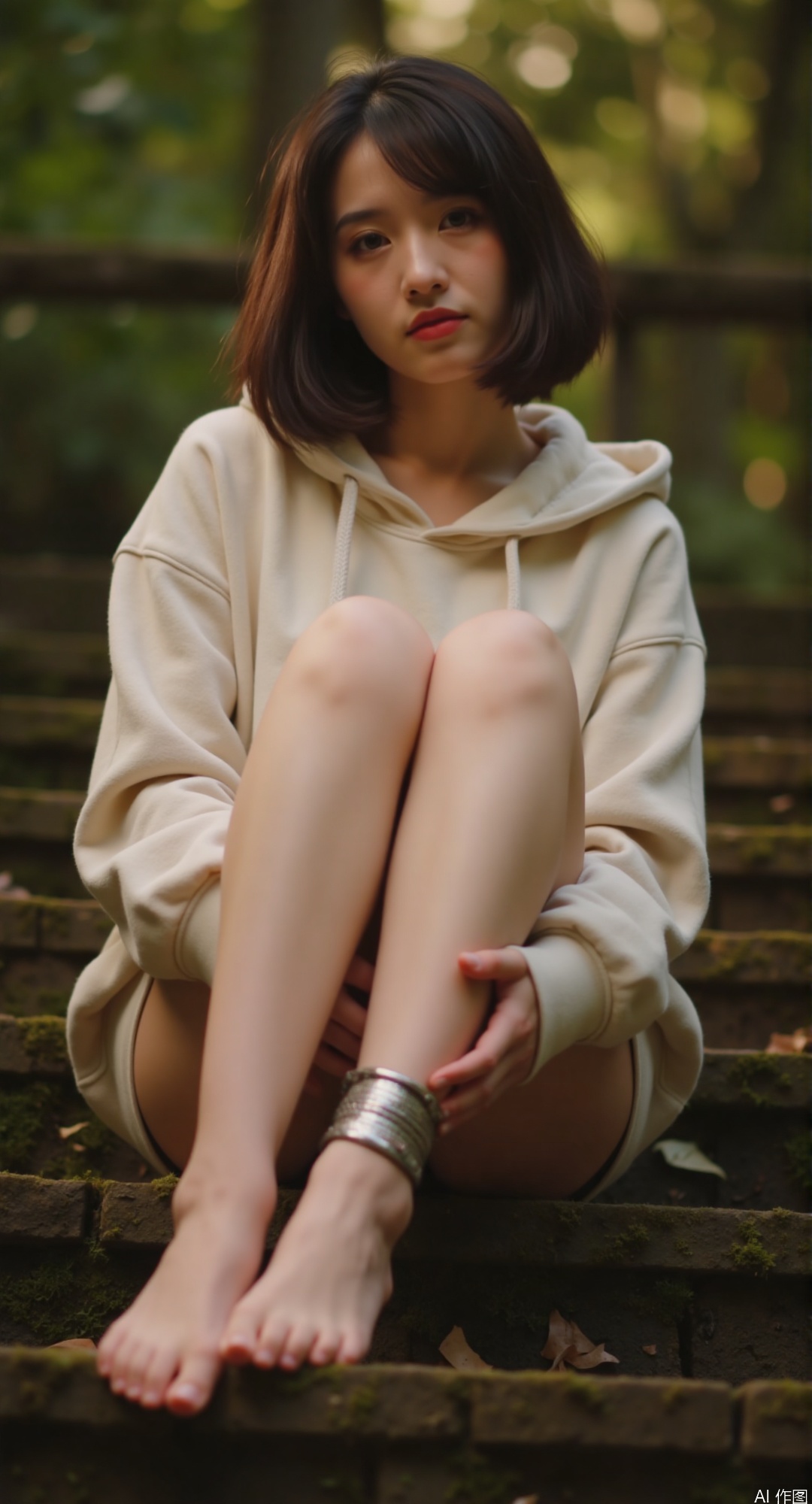 1girl, sitting on mossy stone steps, legs crossed with calves pressed together, feet aligned symmetrically, toes softly arched, toned legs, oversized ivory hoodie, oxidized silver anklet, chocolate brown waves framing jawline, eyes half-lidded, golden hour backlight, 85mm lens bokeh, foot focus 1.1x, subtle foot creases, smooth skin with amber undertones, shadow gradient on legs, color palette ivory/sage/gold, background blurred forest green