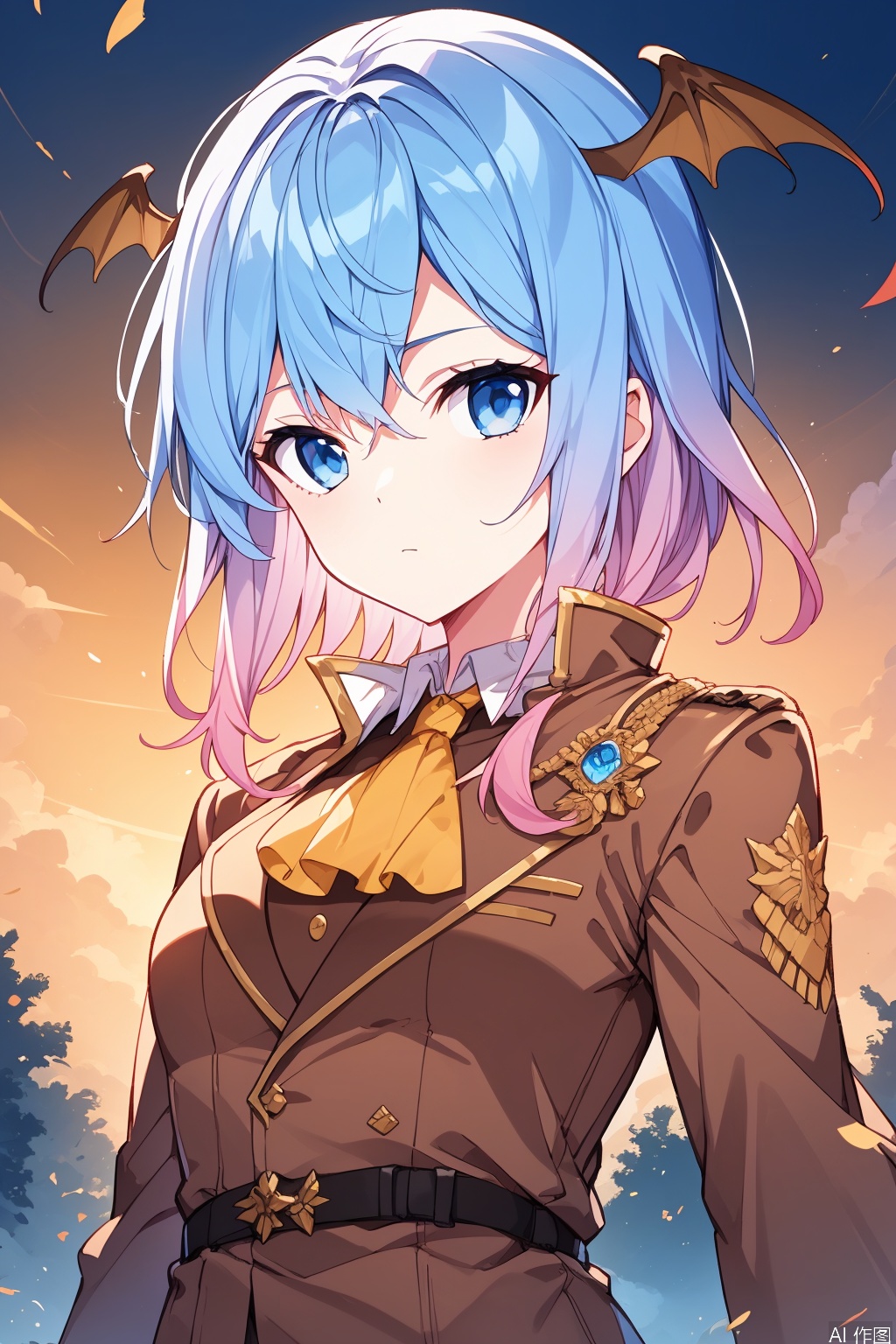 1girl,solo,blue eyes, gradient hair, blue hair, pink hair, head wings, ascot, high collar, military uniform, brown jacket, brown skirt, masterpiece,best quality,official art,extremely detailed CG unity 8k wallpaper,upper body,looking at viewer,Face me,