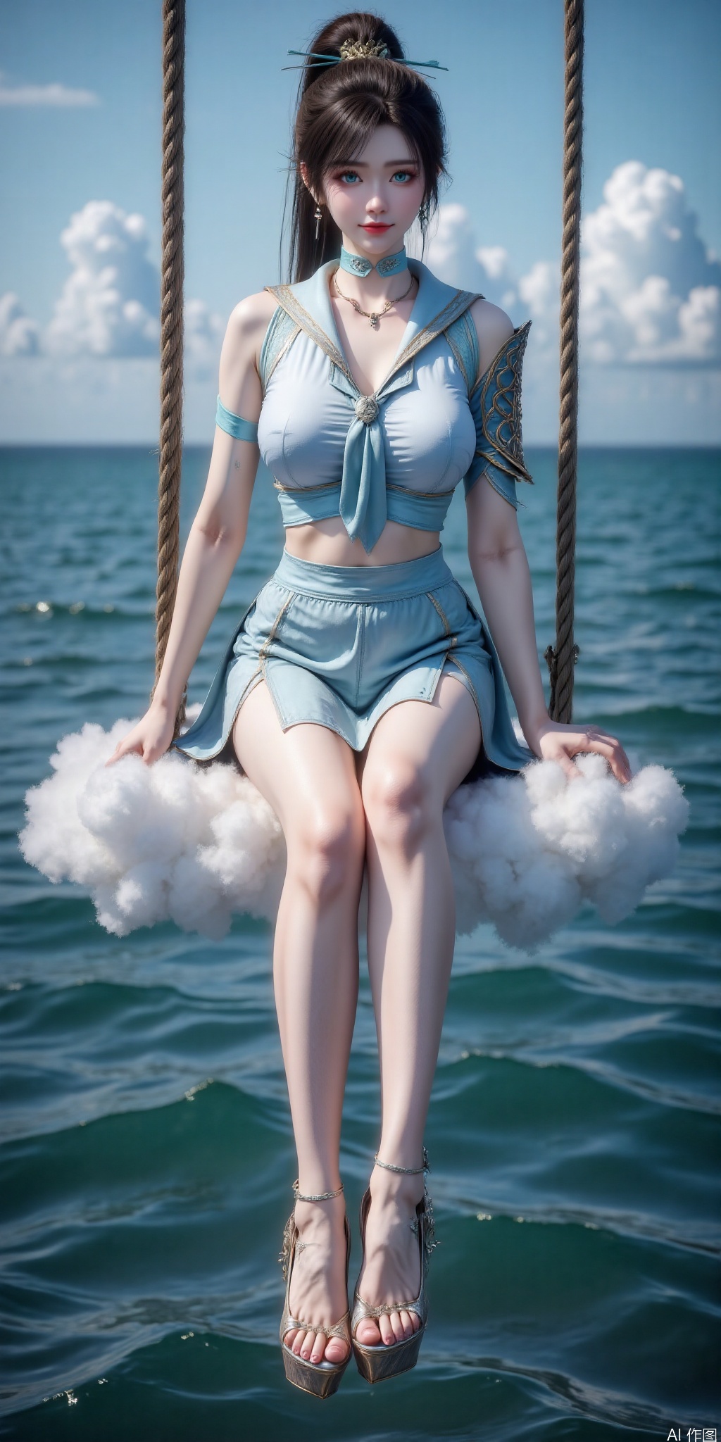 surreal warm cinematic full body shot photography, Kodak Professional Portra 160, 1girl,looking_at_viewer,navel,,exquisite diamond-encrusted high heels, ,kind smile,. , argyle legwear,star \(symbol\),super long legs, ,realistic,,pose for picture,Dynamic posture, ,良好解剖结构,真人肌肤纹理, 4K画质,完美身材,long legs,Film texture, film and television, surrealism, a girl with a delicate face is sitting on a cloud swing. The girl is wearing a jk sailor uniform, a white short-sleeved shirt, light blue stripes trimming, a light blue tie, white blue pleated skirt, exquisite diamond-encrusted high heels, swing rope The sub is connected to a cloud in the sky, the background is a vast ocean, the water shows a consistent blue-green tone, the sky is also blue-green, blending with the ocean, perfect light and shadow, hyper-realistic photography, sharpening, artistic conception, Consciousness, large areas of blank space, sense of space, haziness, dreams, fog,qinglin,High ponytail, hair ornament,green eyes