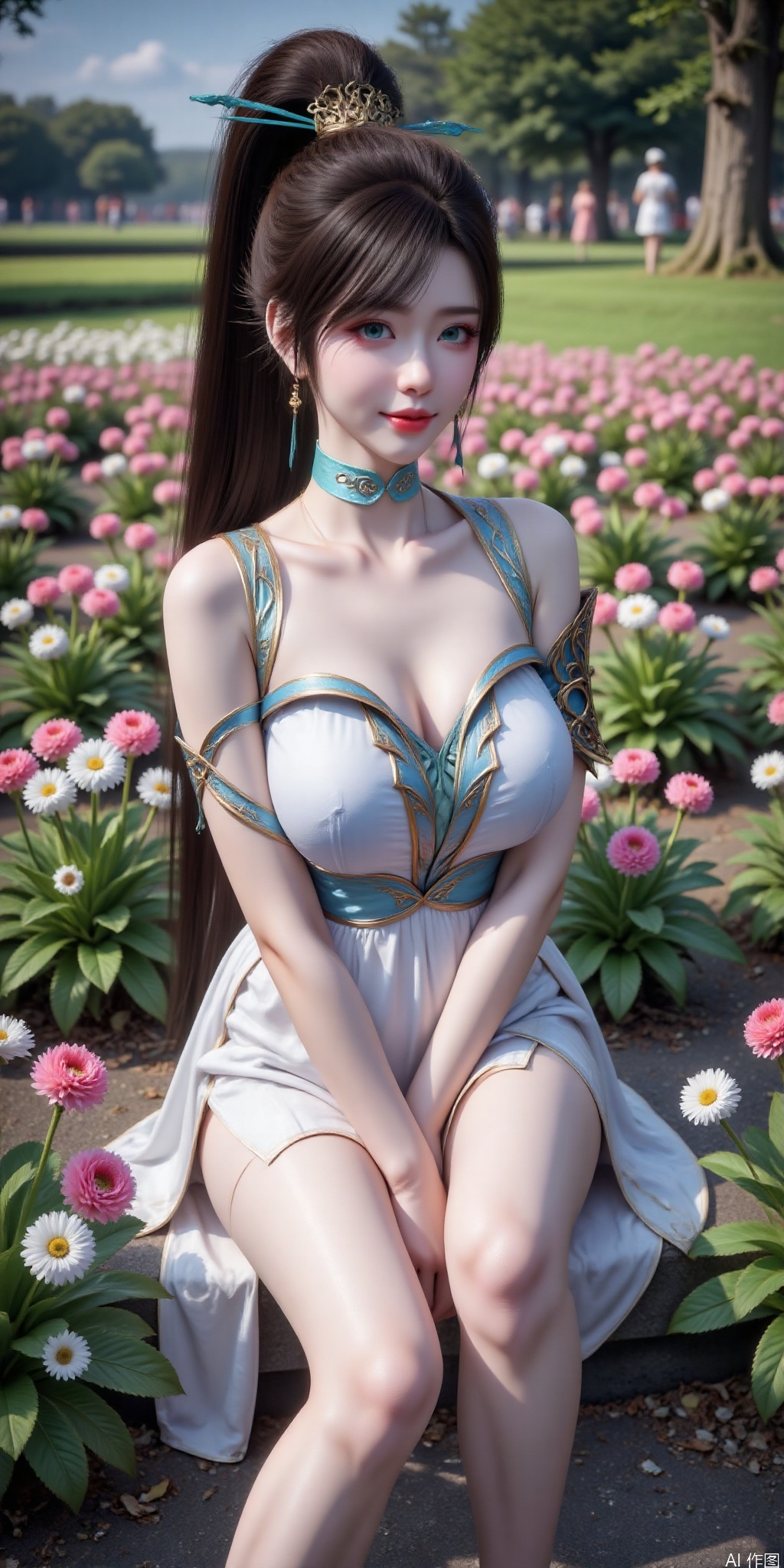 真人肌肤纹理, 4K画质,完美身材,long legs,big_breasts,navel,,(Good structure), DSLR Quality,Depth of field,kind smile,looking_at_viewer,Dynamic pose,, best quality, masterpiece, illustration, (reflection light), incredibly absurdres, ((Movie Poster), (signature:1.3), (English text), 1girl, girl middle of flower, pure sky,clear sky, outside, collarbone, sitting, absurdly long hair, clear boundaries of the cloth, white dress, fantastic scenery, ground of flowers, thousand of flowers, colorful flowers, flowers around her, various flowers,bare shoulders,skirt, sandals,qinglin,High ponytail, hair ornament,green eyes