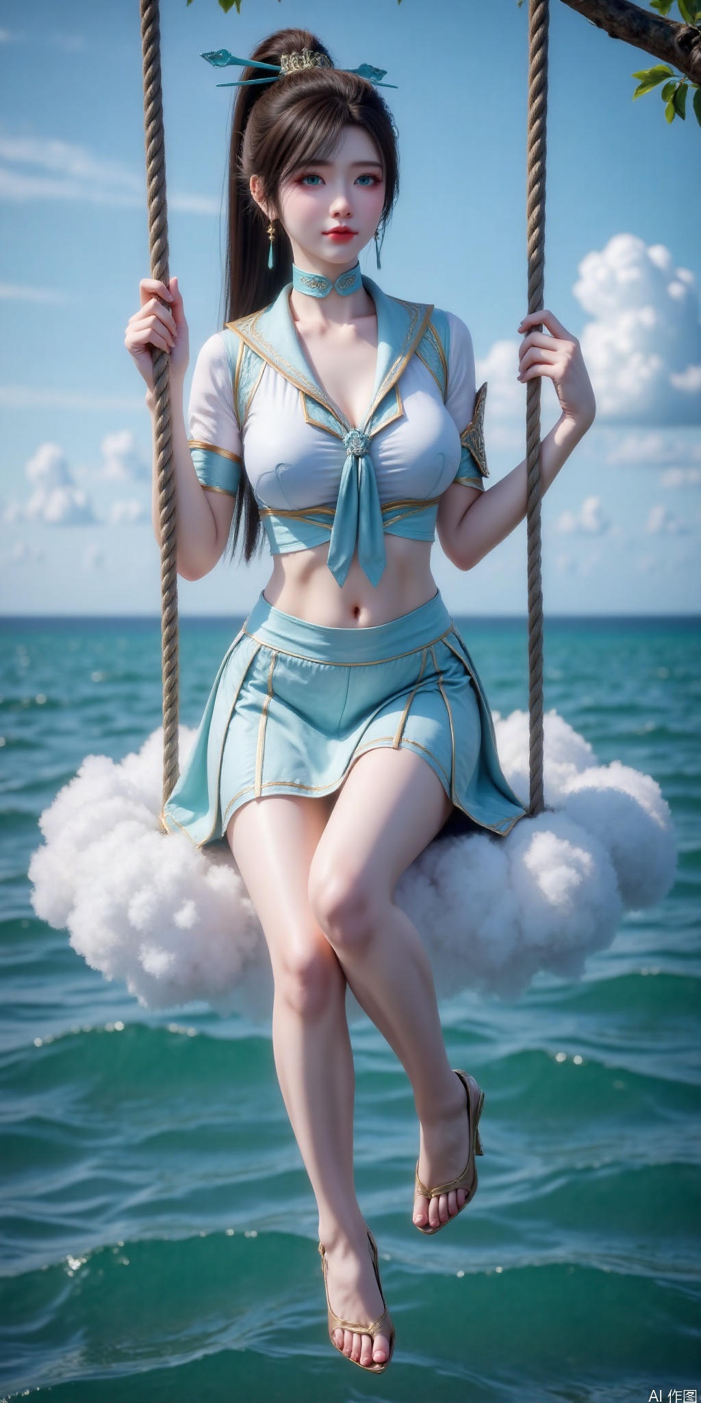 真人肌肤纹理, 4K画质,完美身材,long legs,Film texture, film and television, surrealism, a girl with a delicate face is sitting on a cloud swing. The girl is wearing a jk sailor uniform, a white short-sleeved shirt, light blue stripes trimming, a light blue tie, white blue pleated skirt, exquisite diamond-encrusted high heels, swing rope The sub is connected to a cloud in the sky, the background is a vast ocean, the water shows a consistent blue-green tone, the sky is also blue-green, blending with the ocean, perfect light and shadow, hyper-realistic photography, sharpening, artistic conception, Consciousness, large areas of blank space, sense of space, haziness, dreams, fog,qinglin,High ponytail, hair ornament,green eyes