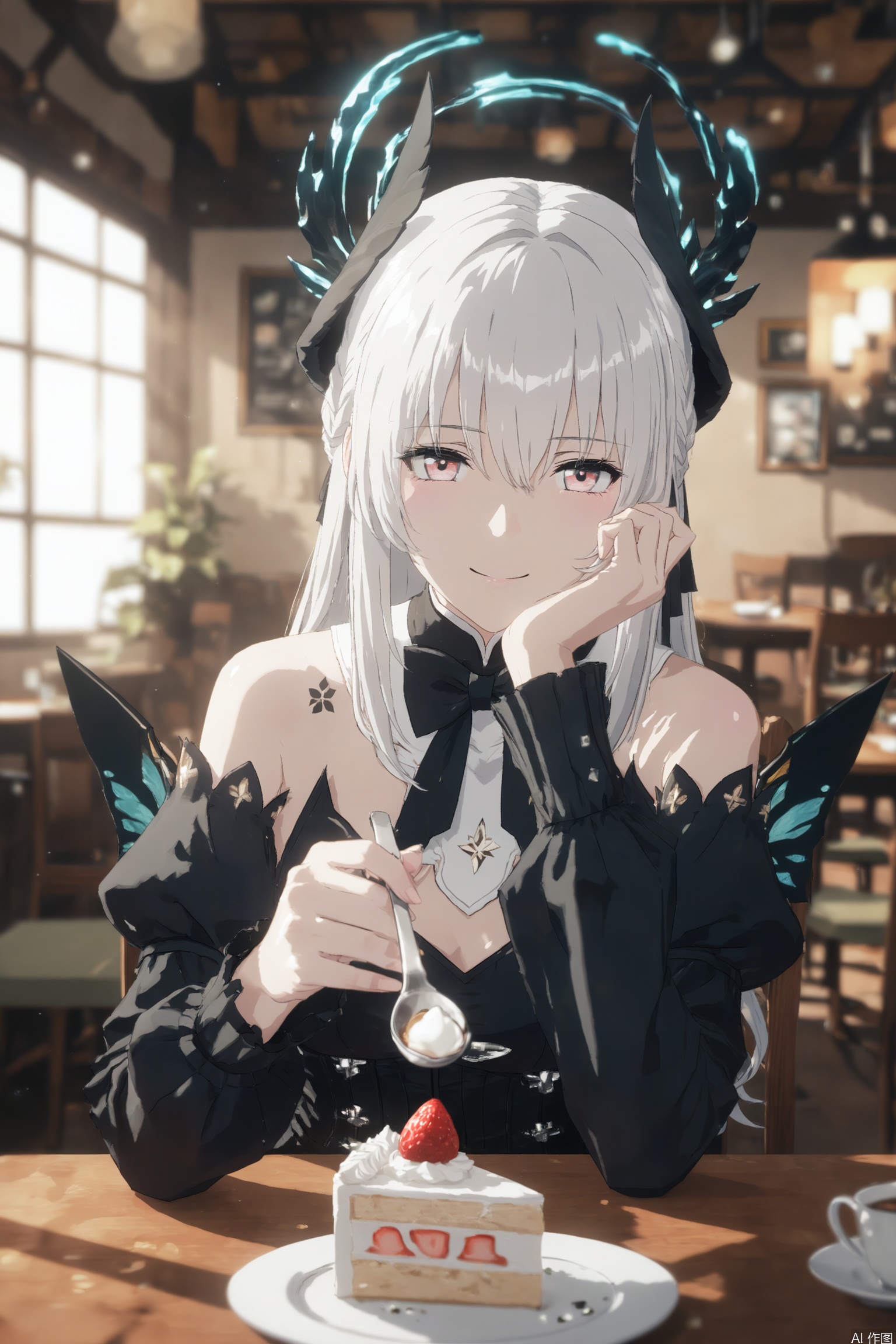 liv(PGR),1girl, solo, long hair,bangs,detached sleeves, puffy sleeves, black dress, hair between eyes, grey hair,grey eyes, black bow, tattoo, halo, looking at viewer, table, cake, food, closed mouth, white hair, spoon, long sleeves, holding, cake slice, head rest,plate, upper body, chair, spoon,pink eyes,smile, cafe, headgear, sitting, indoors, holding holding spoon,feed,feeding service,incoming spoon,across table,intoxicated expression,
depth of field,detailed light,blurry background,cinematic lighting,ray tracing,amazing quality,very aesthetic,absurdres,beast quality,ultra detailed,god rays,backlighting,photo background,film grain,chromatic aberration,volumetric lighting,depth of field,blurry background,shiny skin,cinematic lighting,day,very aesthetic,