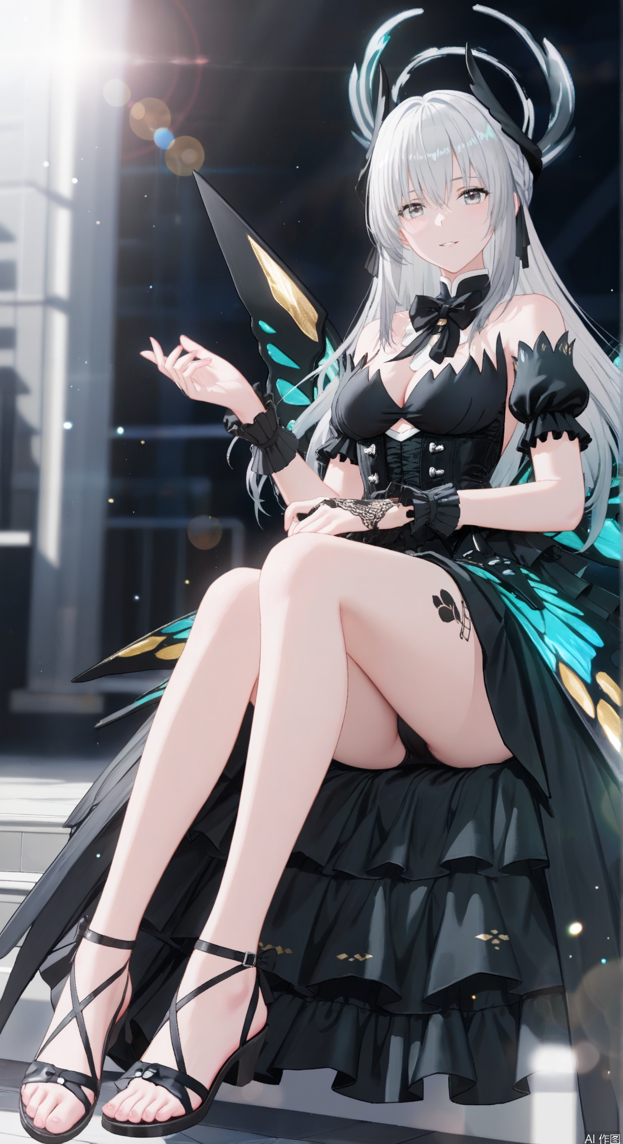 liv(PGR),1girl, solo, long hair, breasts, looking at viewer, bangs, dress, cleavage, hair between eyes, bare shoulders, medium breasts,short sleeves, grey hair, detached sleeves, puffy sleeves, black dress, puffy short sleeves, grey eyes, black bow, tattoo, halo,soft gentle eyes,gentle expression,parted lips,light smile,depth of field, light particles, lens flare, masterpiece,best quality,((artist:reoen),(artist:fuzichoco),(artist:atdan),(artist:torino_aqua:0.5),year 2024:0.5),(artist:omone_hokoma_agm:0.8), 2d, anime,full body,Sandals,toes,floating,