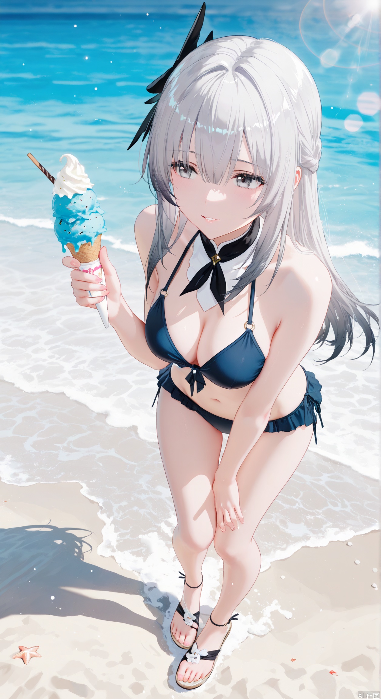liv(PGR),1girl, solo, long hair, breasts,bangs, cleavage, hair between eyes, bare shoulders, medium breasts, grey hair, grey eyes, bra,bikini,swimsuit,soft gentle eyes,gentle expression,parted lips,light smile,depth of field, light particles, lens flare, masterpiece,best quality,((artist:reoen),(artist:fuzichoco),(artist:atdan),(artist:torino_aqua:0.5),year 2024:0.5),(artist:omone_hokoma_agm:0.8), 2d, anime,full body,Sandals,toes,beach,sea,holding ice cream