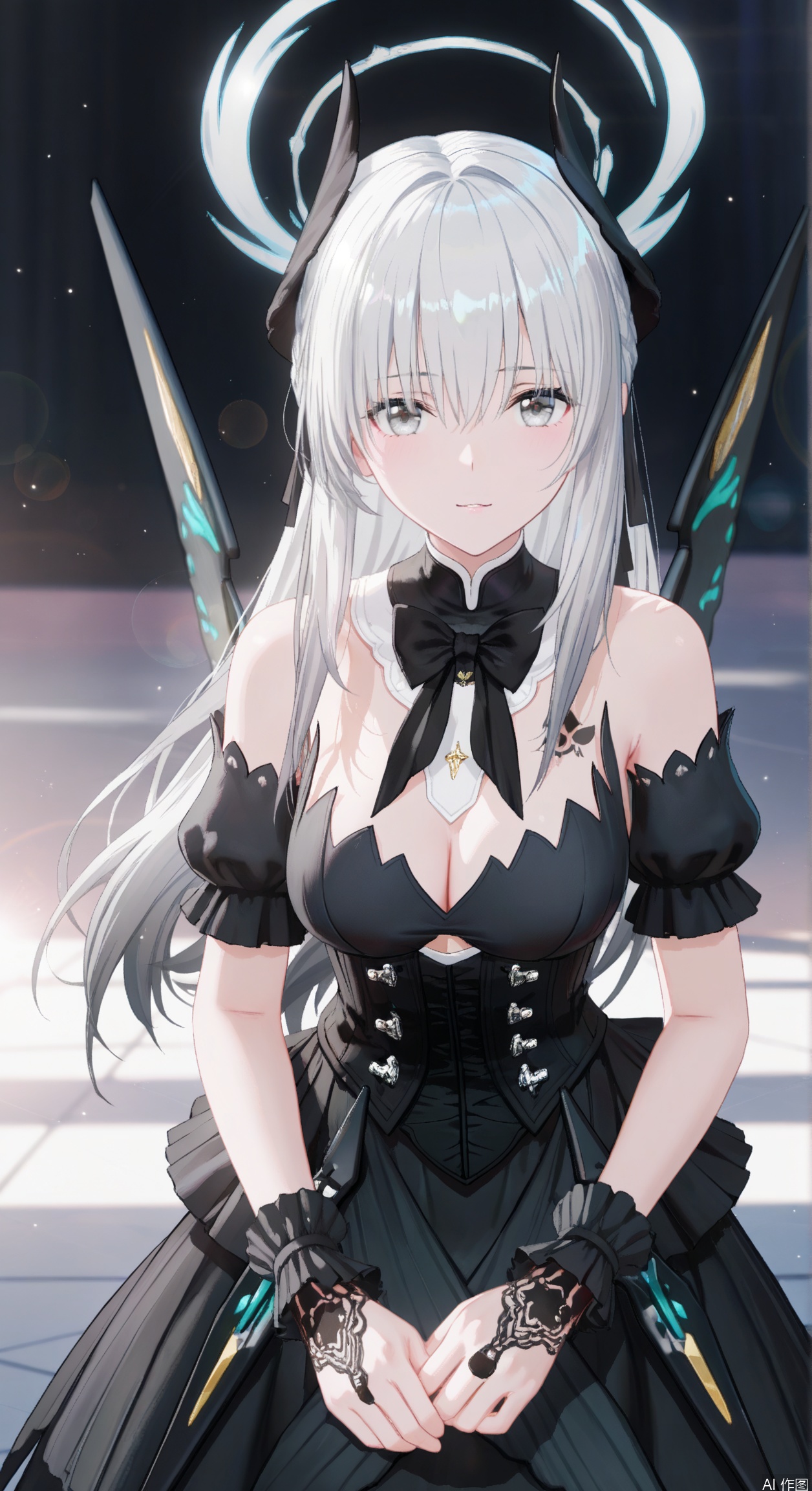 liv(PGR),1girl, solo, long hair, breasts, looking at viewer, bangs, dress, cleavage, hair between eyes, bare shoulders, medium breasts, closed mouth, standing, short sleeves, grey hair, detached sleeves, puffy sleeves, black dress, puffy short sleeves, grey eyes, black bow, tattoo, halo,soft gentle eyes,gentle expression,parted lips,light smile,depth of field, light particles, lens flare, masterpiece,best quality,((artist:reoen),(artist:fuzichoco),(artist:atdan),(artist:torino_aqua:0.5),year 2024:0.5),(artist:omone_hokoma_agm:0.8), 2d, anime,from above