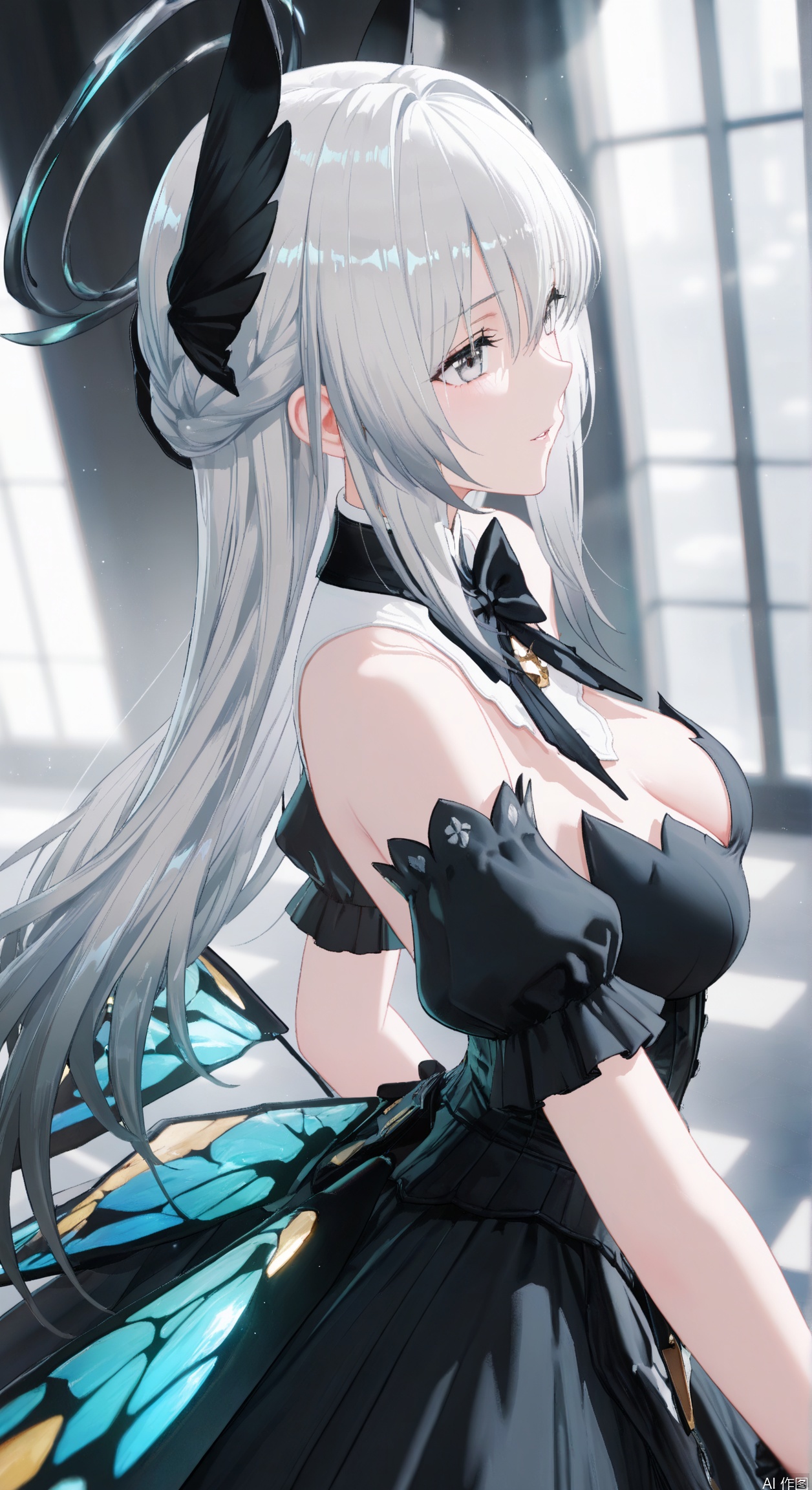 liv(PGR),1girl, solo, long hair, bangs, dress, cleavage, hair between eyes, bare shoulders, medium breasts,short sleeves, grey hair, detached sleeves, puffy sleeves, black dress, puffy short sleeves, grey eyes, black bow,soft gentle eyes,gentle expression,parted lips,light smile,depth of field, light particles, lens flare, masterpiece,best quality,((artist:reoen),(artist:fuzichoco),(artist:atdan),(artist:torino_aqua:0.5),year 2024:0.5),(artist:omone_hokoma_agm:0.8), 2d, anime,from side,from above
