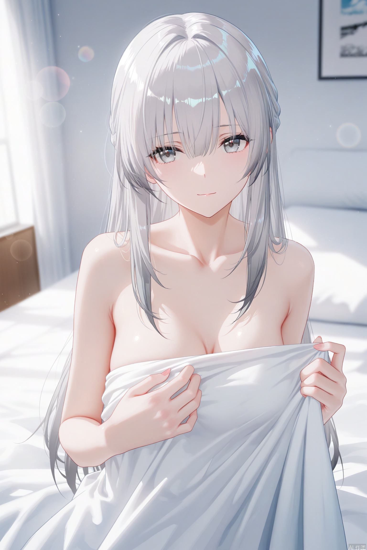liv(PGR),1girl, solo, long hair, breasts,bangs,hair between eyes, bare shoulders,collarbone, medium breasts, grey hair, grey eyes,soft gentle eyes,gentle expression,light smile,depth of field, light particles, lens flare, masterpiece,best quality,((artist:reoen),(artist:fuzichoco),(artist:atdan),(artist:torino_aqua:0.5),year 2024:0.5),(artist:omone_hokoma_agm:0.8), 2d, anime,on bed,sheet,under the quilt,grabbing quilt,upper_body,