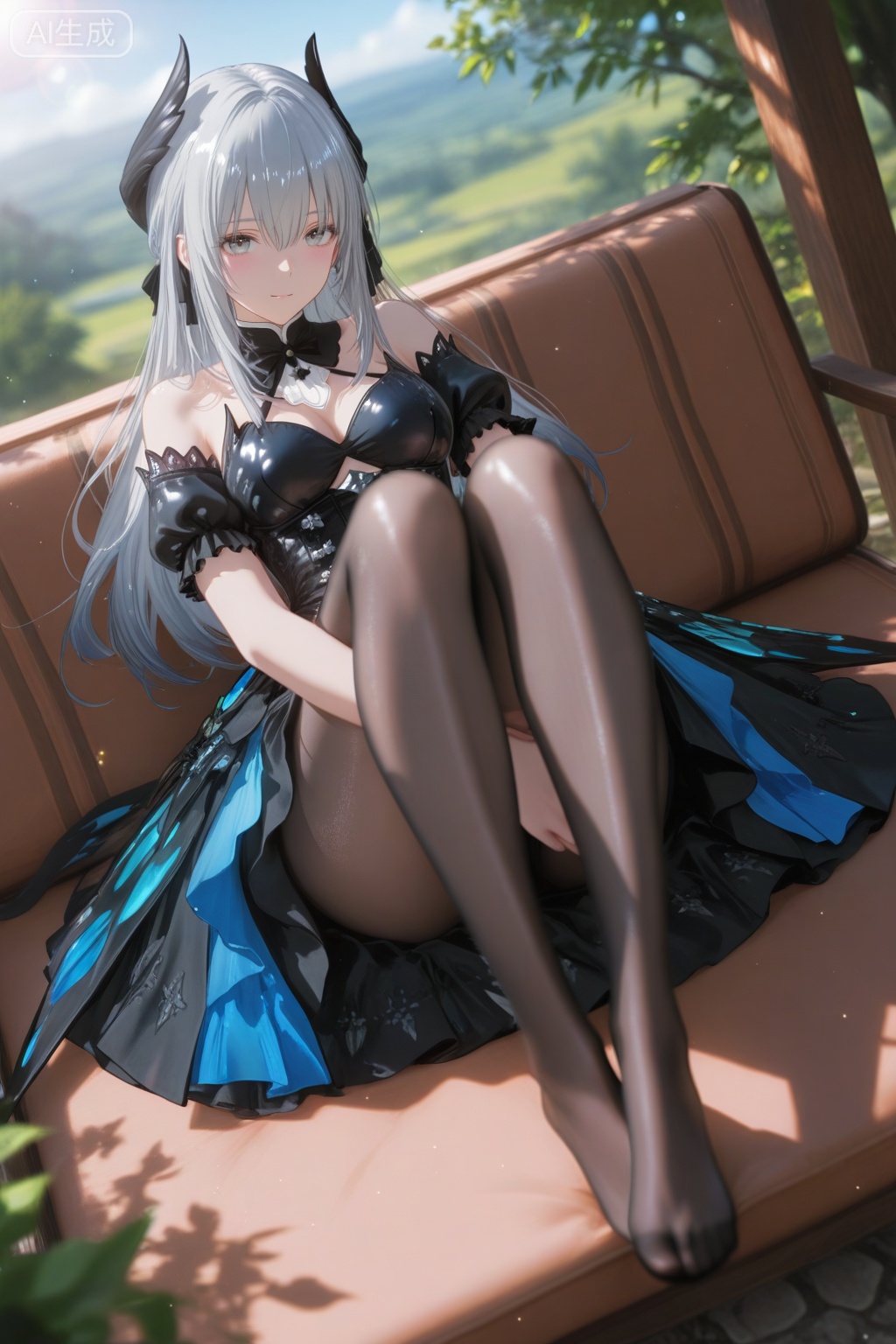 depth of field,light particles,lens flare,masterpiece,best quality,absurdres,newest,very aesthetic,amazing quality,highres,light particles,lens flare,motion blur,dutch angle,masterpiece,best quality,amazing quality,lazypos,lazyup,high detail,subtle,high contrast,real background,smooth shading,glossy surfaces,colorful depth,enthusiasm,diagonal angle,high angle,dak depth,masterful shading,low kye,dak depth,chiaroscuro,impasto,(shallow depth of field:1.4),((artist:reoen),(artist:fuzichoco),(artist:atdan),(artist:torino_aqua:0.5),year 2024:0.5),(artist:omone_hokoma_agm:0.8),2d,anime,from above,dutch angle,liv(PGR),1girl, solo, long hair, bangs, dress, cleavage, hair between eyes, bare shoulders, medium breasts,short sleeves, grey hair, detached sleeves, puffy sleeves, black dress, puffy short sleeves, grey eyes, black bow,detailed eyes,pantyhose,sitting,feet, toes,outdoors,blue sky,sunlight,day,from above,hugging own legs,selena,gentle smile,parted lips,shiny skin,perfect feet