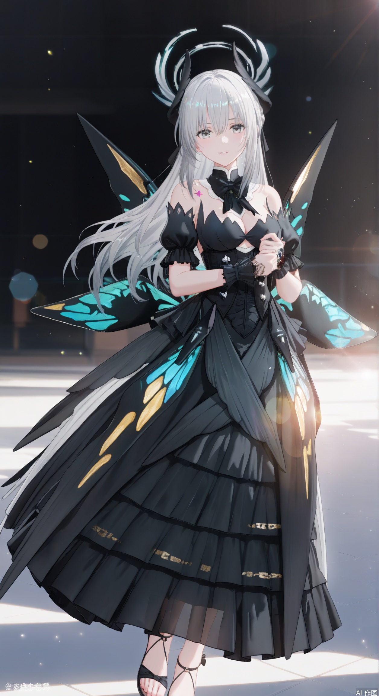liv(PGR),1girl, solo, long hair, breasts, looking at viewer, bangs, dress, cleavage, hair between eyes, bare shoulders, medium breasts,short sleeves, grey hair, detached sleeves, puffy sleeves, black dress, puffy short sleeves, grey eyes, black bow, tattoo, halo,soft gentle eyes,gentle expression,parted lips,light smile,depth of field, light particles, lens flare, masterpiece,best quality,((artist:reoen),(artist:fuzichoco),(artist:atdan),(artist:torino_aqua:0.5),year 2024:0.5),(artist:omone_hokoma_agm:0.8), 2d, anime,full body,Sandals,toes