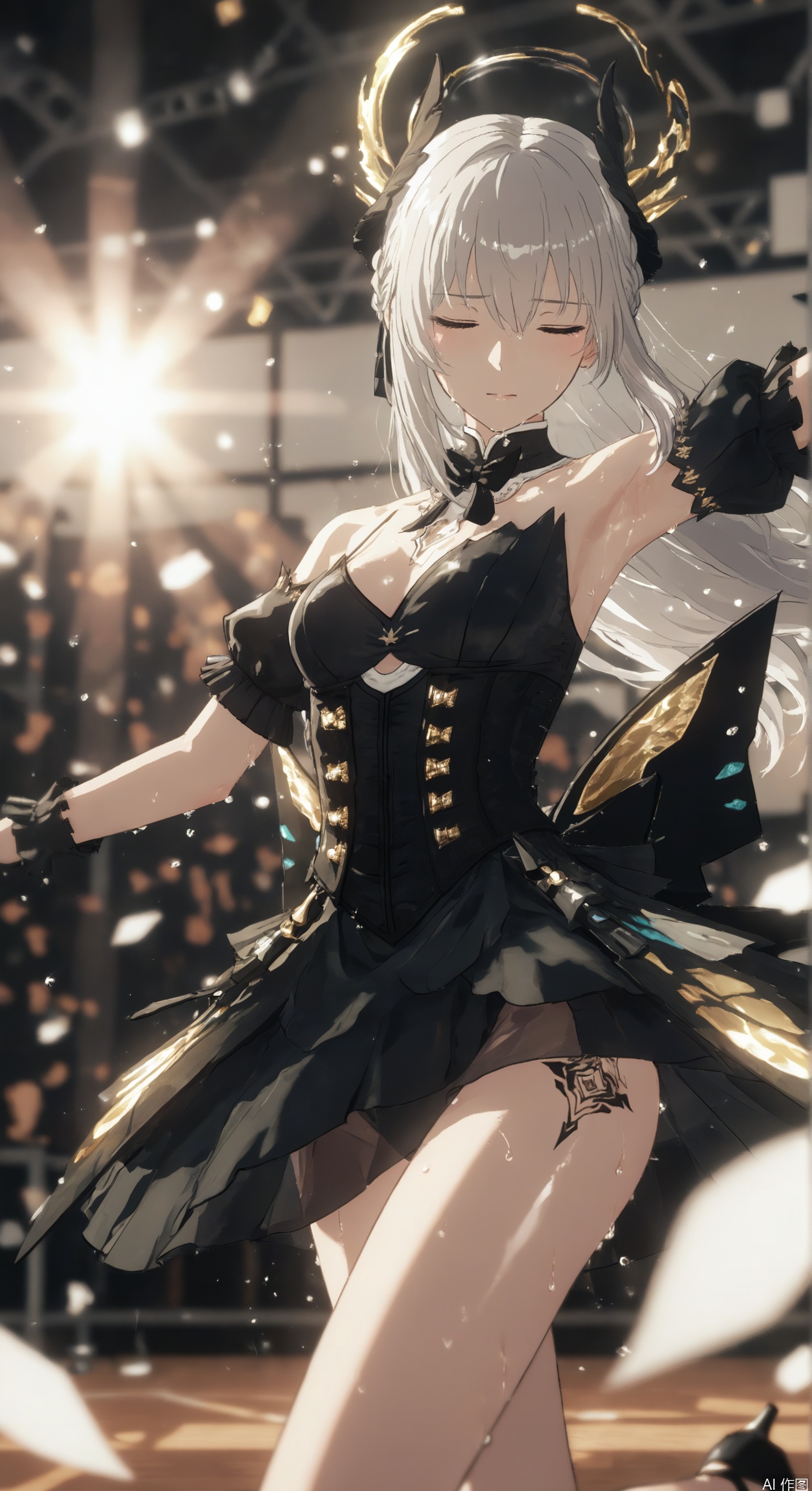 liv(PGR),1girl, solo, long hair,bangs,detached sleeves, puffy sleeves, black dress, hair between eyes, grey hair,closed eyes, black bow, tattoo, halo, only,White ballet skirt, white silk, ballet, On the stage, a person dances, stage lights, dazzling dance postures,dance practice, sweat,Splashing beads of sweat, sunset light, elegant, charming,  see-through,see-throughs silhouettes,intoxicated,
depth of field,detailed light,blurry background,cinematic lighting,ray tracing,amazing quality,very aesthetic,absurdres,beast quality,ultra detailed,god rays,backlighting,photo background,film grain,chromatic aberration,volumetric lighting,depth of field,blurry background,shiny skin,cinematic lighting,day,very aesthetic,