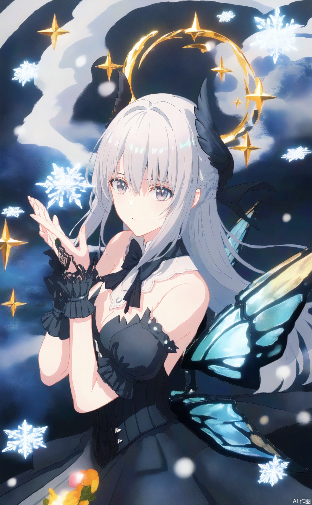 liv(PGR),1girl, solo, long hair, breasts, looking at viewer, bangs,cleavage, hair between eyes, bare shoulders, medium breasts, closed mouth, short sleeves, grey hair, detached sleeves, puffy sleeves, puffy short sleeves, grey eyes, black bow, halo,upper body, from above, snowflakes, (Tyndall Effect 1.4), (wlop:0.8),((artist:reoen),(artist:fuzichoco),(artist:atdan),(artist:torino_aqua),year 2024:0.8),[artist:wlop],[artist:ningen_mame],artist:ciloranko,[[artist:rhasta]],artist:tidsean,colorful,best quality,very aesthetic,absurdres,32K UHD,sharp focus,best-quality,Emotionalization,temperate atmosphere,with a high-end texture,in the style of fashion photography,Dynamic, dynamic force picture, (Visual impact:1.2),impactful picture,offcial art,