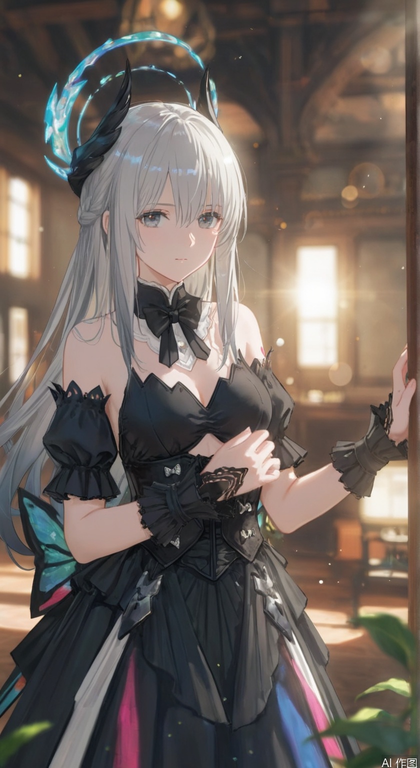 8k,best quality,masterpiece,(ultra-detailed),(high detailed skin),((artist:reoen),(artist:fuzichoco),(artist:atdan),(artist:torino_aqua),year 2024:0.8)1girl,[artist:wlop],[artist:ningen_mame],artist:ciloranko,[[artist:rhasta]],artist:tidsean,colorful,detailed light,light leaks,sunlight,bokeh,blurry foreground,ray tracing,lens flare,cinematic lighting,
liv(PGR),1girl, solo, long hair, breasts, looking at viewer, bangs, dress, cleavage, hair between eyes, bare shoulders, medium breasts, closed mouth, standing, short sleeves, grey hair, detached sleeves, puffy sleeves, black dress, puffy short sleeves, grey eyes, black bow, tattoo, halo