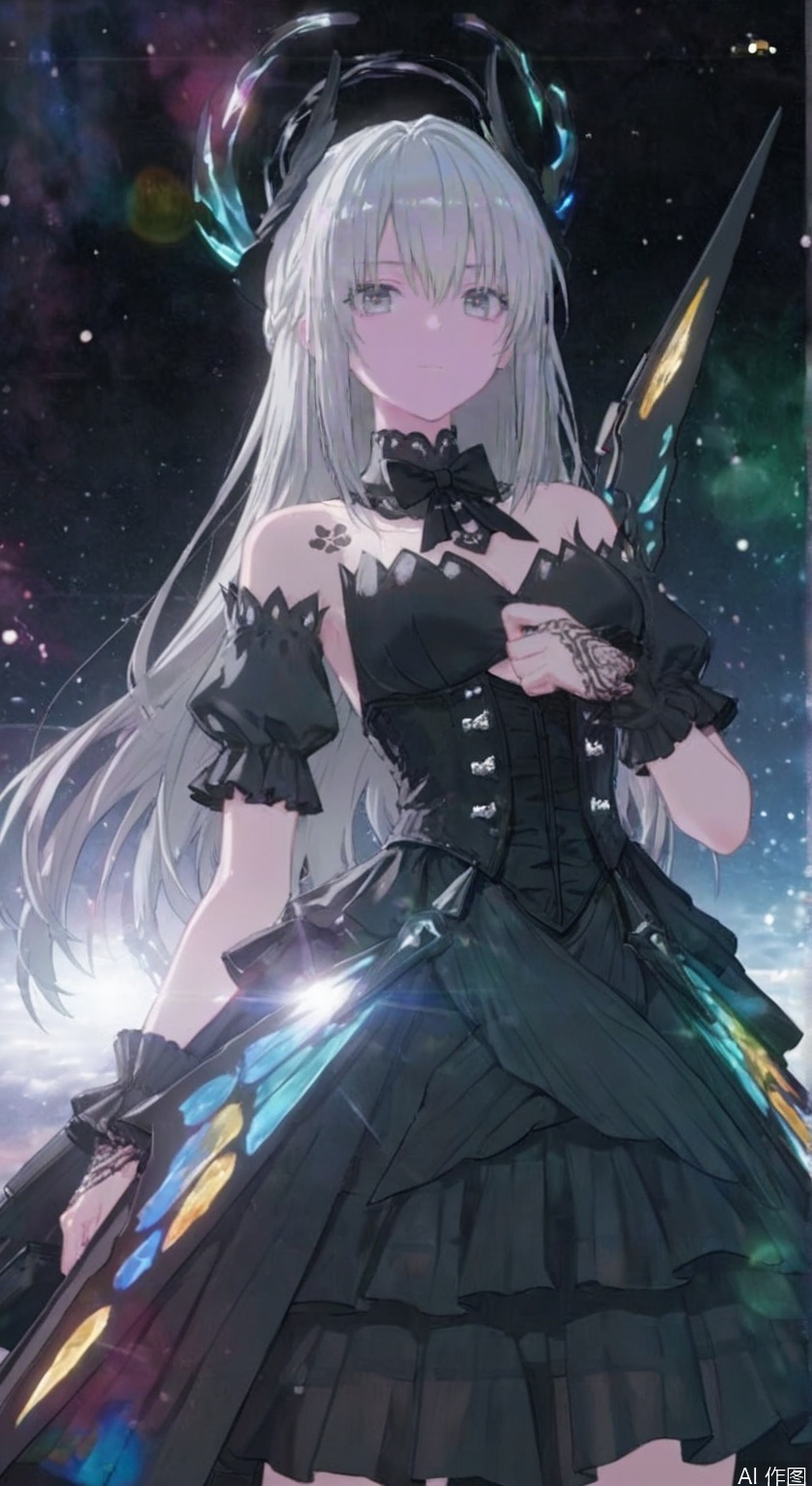 (artist:quasarcake:0.6),lens flare,extreme aesthetic,masterpiece, best quality, backlight,high quality, (Tyndall Effect 1.4),extremely detailed, High Detail, vibrant colors, anime style, cover art,(wanke:0.8),(watercolor \(tira 7:0.8),(lam (ramdayo):0.8),(mochizuki kei:0.8),extreme aesthetic,masterpiece,best quality,good quality,newest,very aesthetic,absurdres,Visual impact,32K UHD,colorful,sharp focus,
liv(PGR),1girl, solo, long hair, breasts, looking at viewer, bangs, dress, cleavage, hair between eyes, bare shoulders, medium breasts, closed mouth, standing, short sleeves, grey hair, detached sleeves, puffy sleeves, black dress, puffy short sleeves, grey eyes, black bow, tattoo, halo