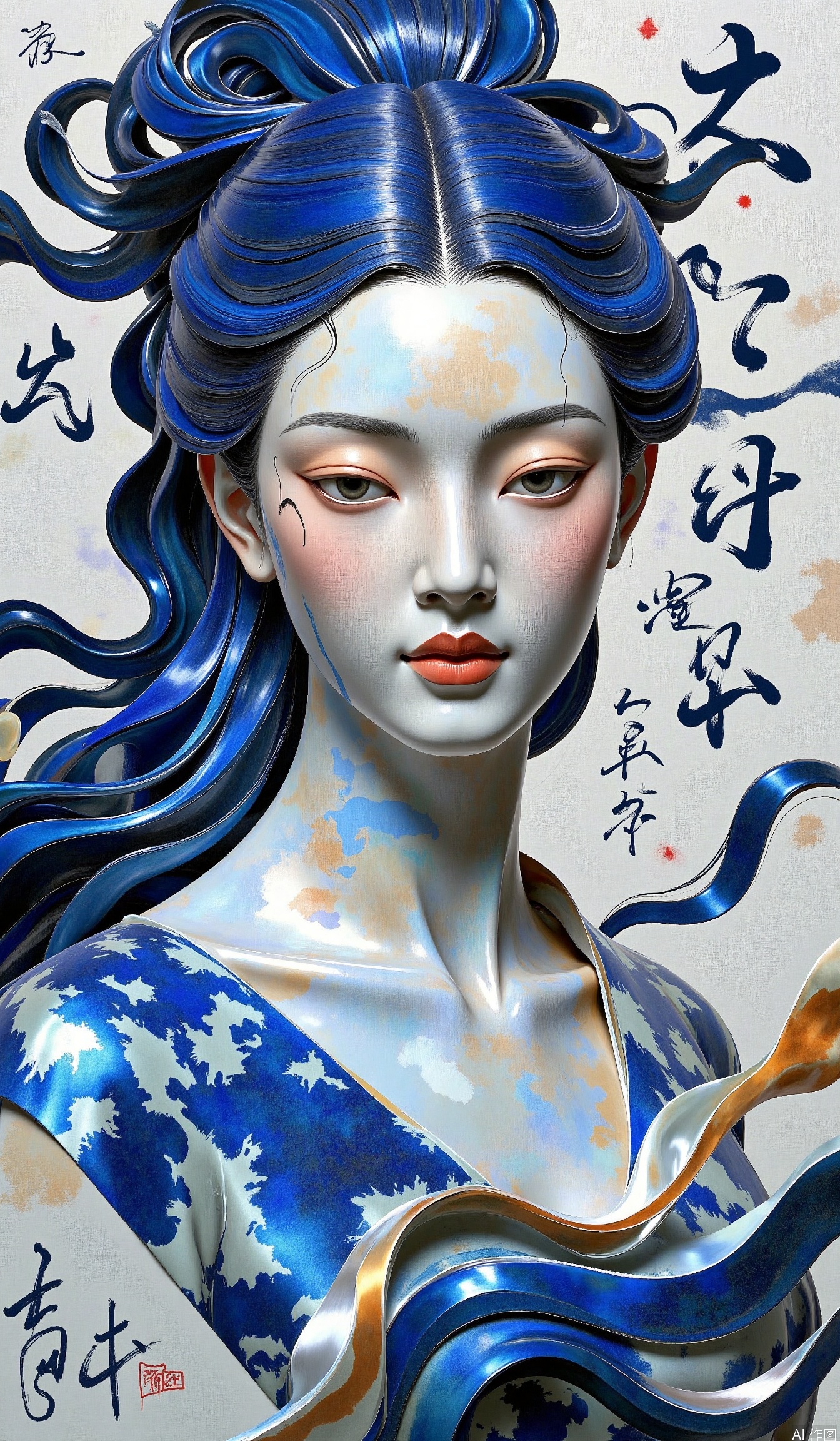 Bust of oriental women, three-dimensional deconstruction of Cubism, interweaving of indigo and ochre colors, flying white brushstrokes in calligraphy, mother-of-pearl gloss treatment, satin hair fluid shape