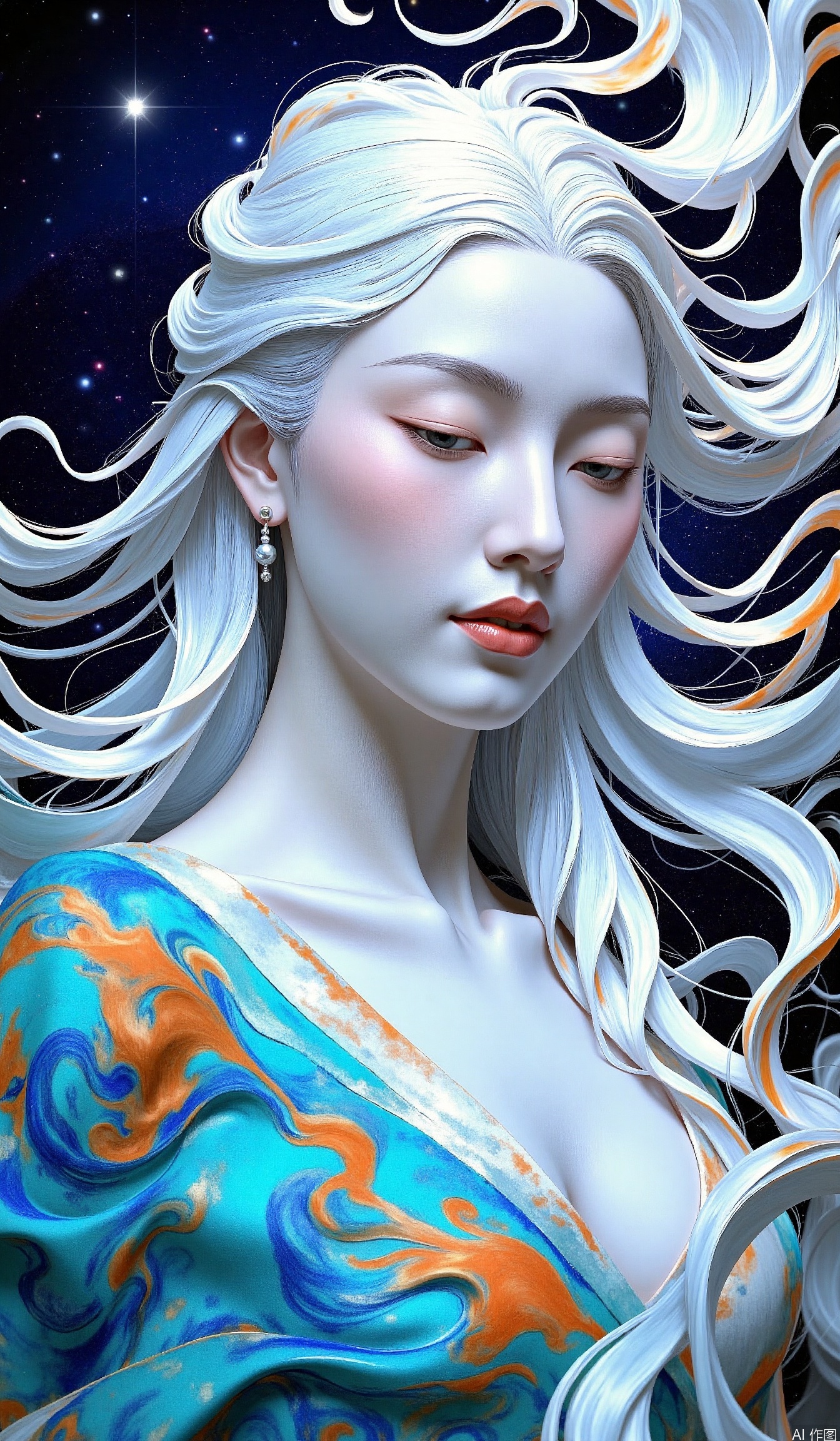 The image depicts a highly stylized and ethereal female figure with long, flowing white hair that appears to be intertwined with swirling, vibrant colors. Her skin is smooth and pale, contrasting with the vivid hues of her attire, which features a mix of blue, orange, and turquoise swirls. She is adorned with delicate earrings and has a serene expression, gazing slightly downward. The background is a deep, dark space with stars scattered across it, creating a cosmic ambiance. The overall composition is surreal and dreamlike, blending elements of fantasy and the cosmos.