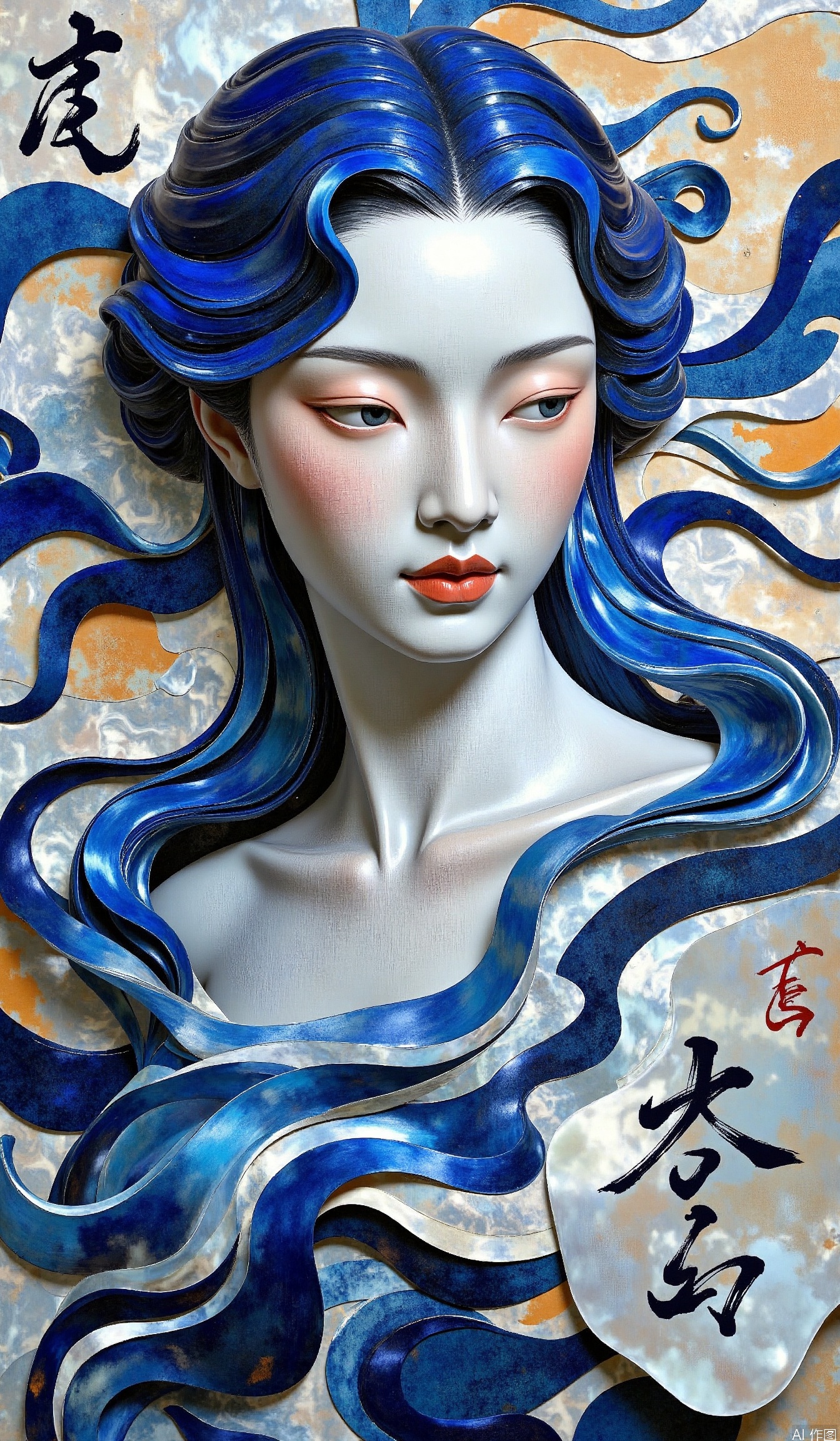 Bust of oriental women, three-dimensional deconstruction of Cubism, interweaving of indigo and ochre colors, flying white brushstrokes in calligraphy, mother-of-pearl gloss treatment, satin hair fluid shape