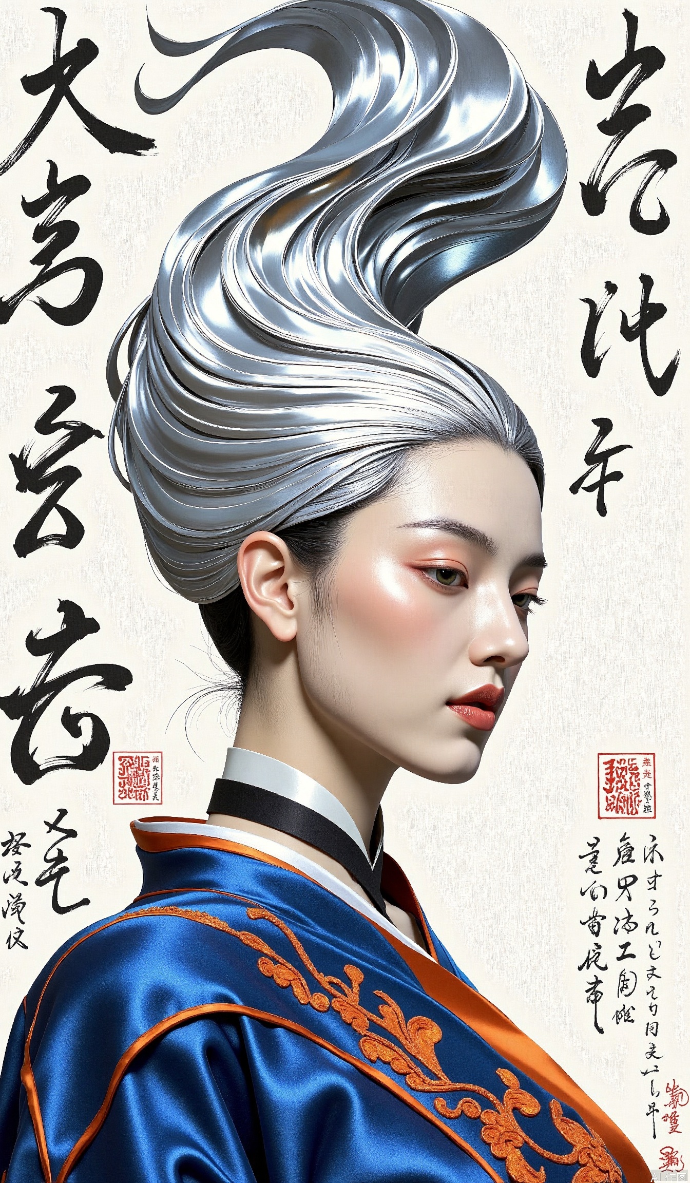 The image depicts a highly stylized portrait of a woman with a striking and artistic appearance. She is dressed in traditional attire, featuring a blue garment with intricate orange embroidery. Her hair is elaborately styled, with a metallic silver swirl that gives a sense of movement and elegance. The background includes artistic calligraphy in black ink, adding a cultural and historical touch to the composition. Additionally, there are red stamps and seals on the right side of the image, which are traditional in nature, likely indicating the artist's signature or a mark of authenticity.