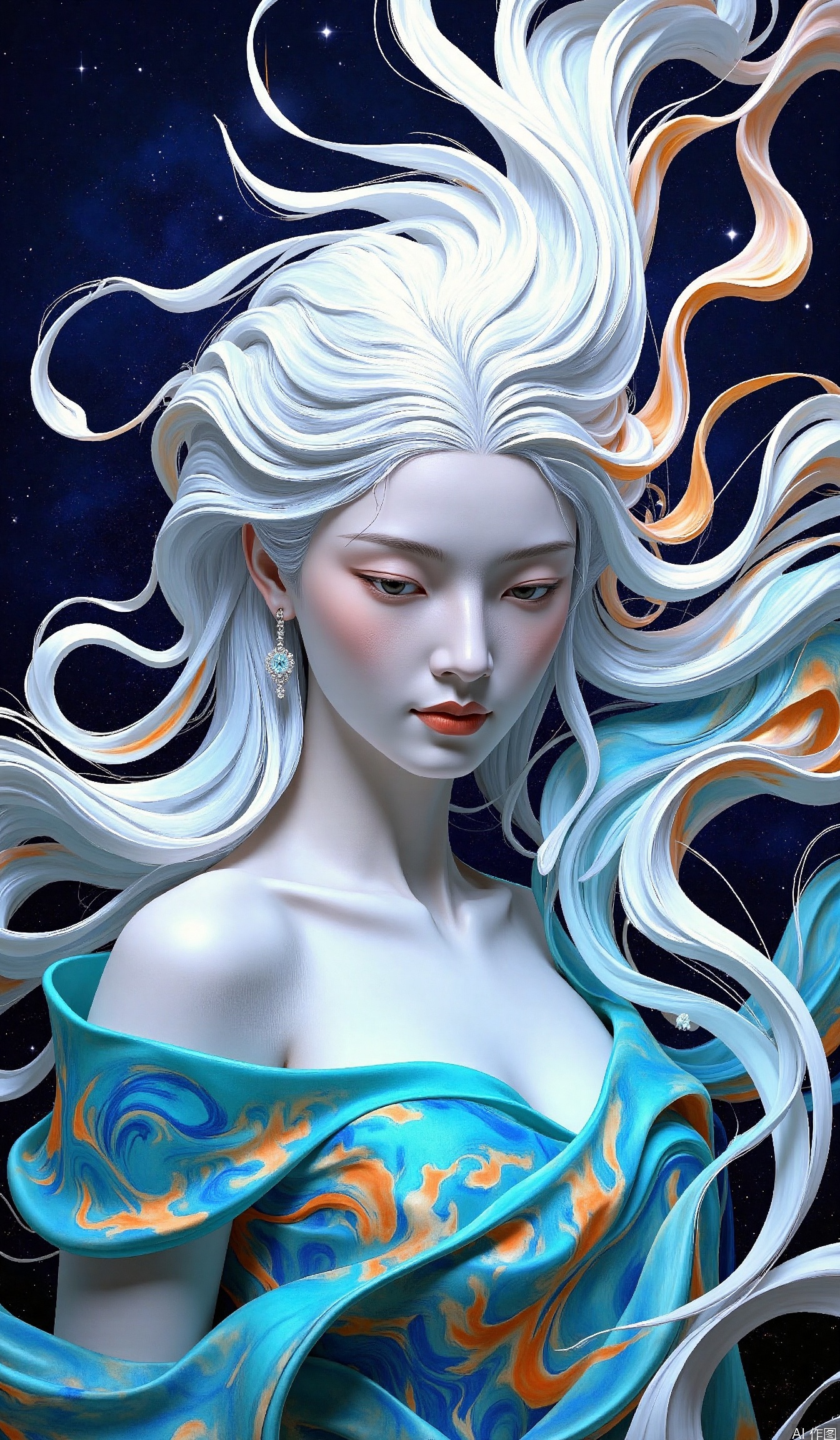 The image depicts a highly stylized and ethereal female figure with long, flowing white hair that appears to be intertwined with swirling, vibrant colors. Her skin is smooth and pale, contrasting with the vivid hues of her attire, which features a mix of blue, orange, and turquoise swirls. She is adorned with delicate earrings and has a serene expression, gazing slightly downward. The background is a deep, dark space with stars scattered across it, creating a cosmic ambiance. The overall composition is surreal and dreamlike, blending elements of fantasy and the cosmos.