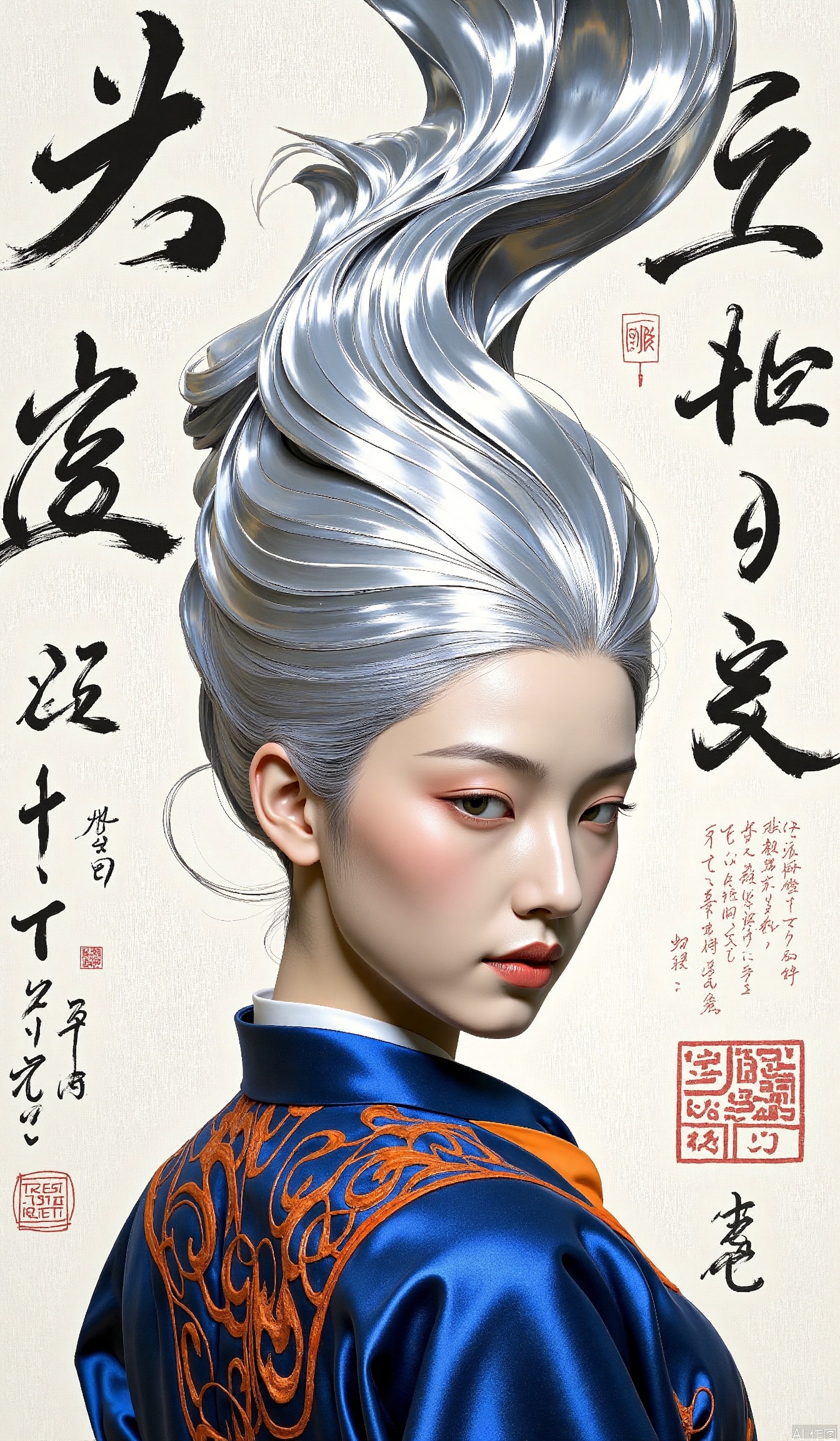 The image depicts a highly stylized portrait of a woman with a striking and artistic appearance. She is dressed in traditional attire, featuring a blue garment with intricate orange embroidery. Her hair is elaborately styled, with a metallic silver swirl that gives a sense of movement and elegance. The background includes artistic calligraphy in black ink, adding a cultural and historical touch to the composition. Additionally, there are red stamps and seals on the right side of the image, which are traditional in nature, likely indicating the artist's signature or a mark of authenticity.