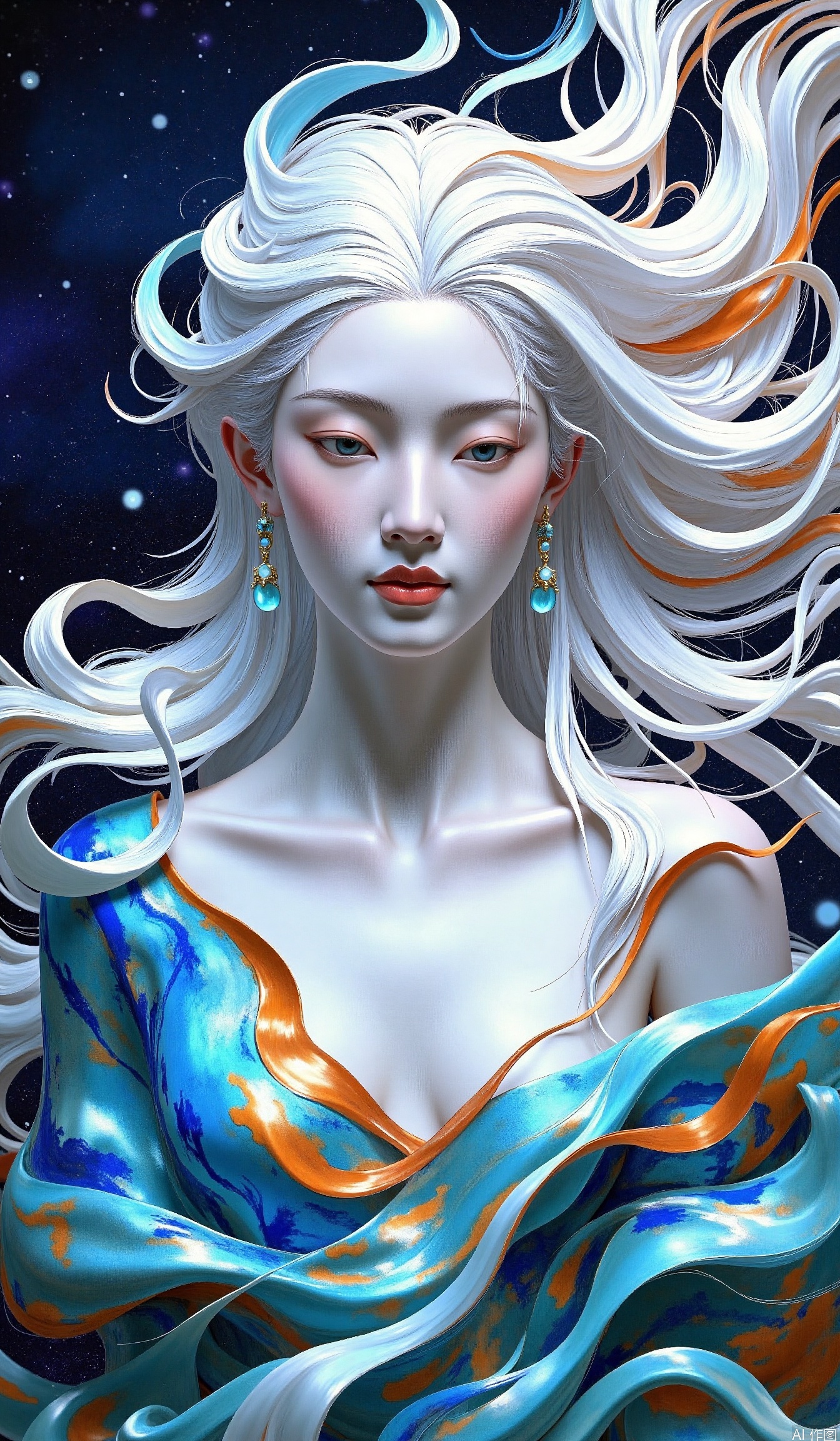 The image depicts a highly stylized and ethereal female figure with long, flowing white hair that appears to be intertwined with swirling, vibrant colors. Her skin is smooth and pale, contrasting with the vivid hues of her attire, which features a mix of blue, orange, and turquoise swirls. She is adorned with delicate earrings and has a serene expression, gazing slightly downward. The background is a deep, dark space with stars scattered across it, creating a cosmic ambiance. The overall composition is surreal and dreamlike, blending elements of fantasy and the cosmos.