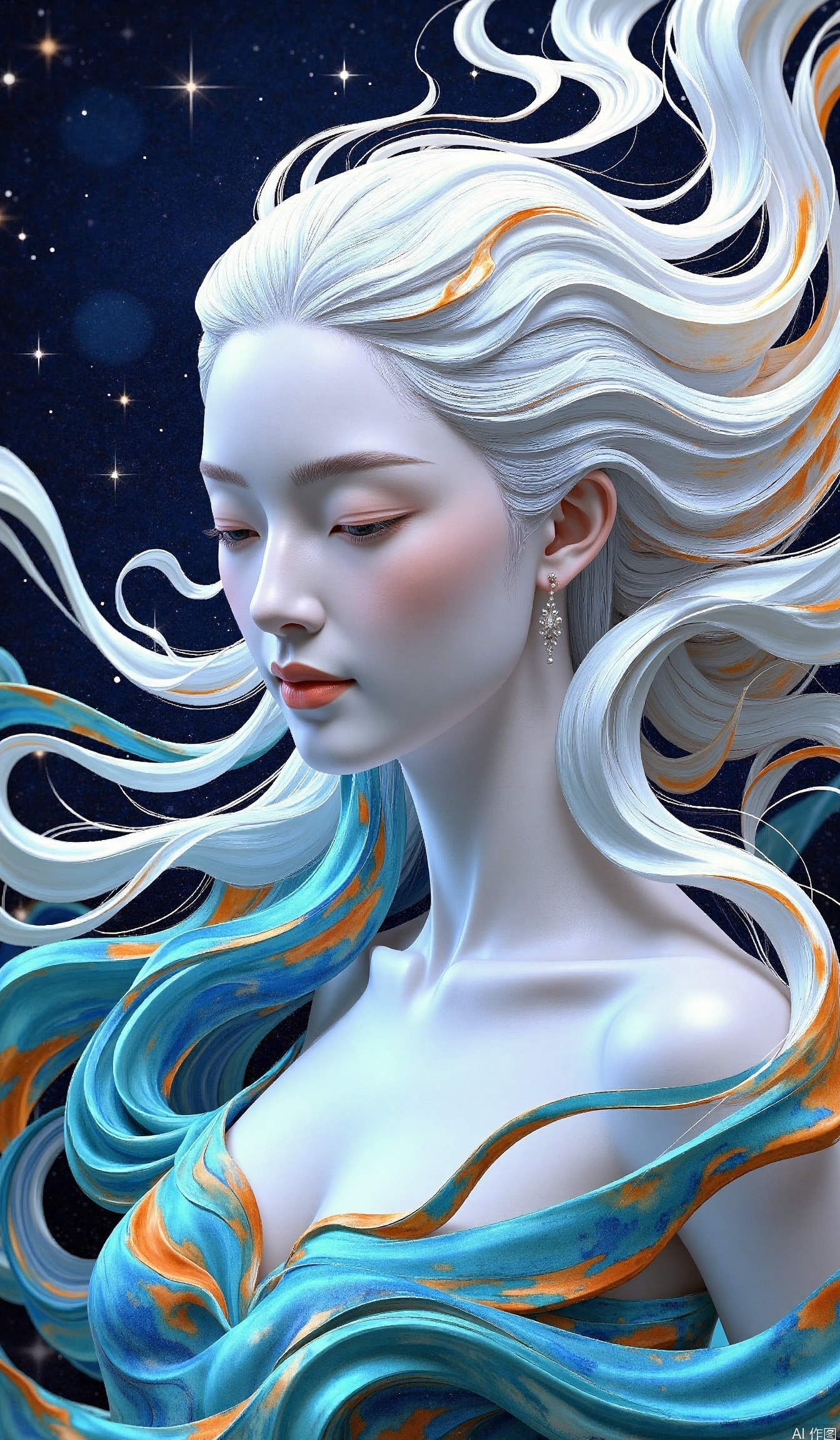 The image depicts a highly stylized and ethereal female figure with long, flowing white hair that appears to be intertwined with swirling, vibrant colors. Her skin is smooth and pale, contrasting with the vivid hues of her attire, which features a mix of blue, orange, and turquoise swirls. She is adorned with delicate earrings and has a serene expression, gazing slightly downward. The background is a deep, dark space with stars scattered across it, creating a cosmic ambiance. The overall composition is surreal and dreamlike, blending elements of fantasy and the cosmos.