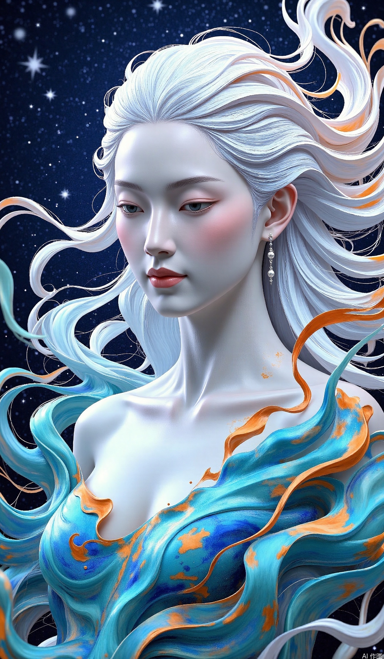 The image depicts a highly stylized and ethereal female figure with long, flowing white hair that appears to be intertwined with swirling, vibrant colors. Her skin is smooth and pale, contrasting with the vivid hues of her attire, which features a mix of blue, orange, and turquoise swirls. She is adorned with delicate earrings and has a serene expression, gazing slightly downward. The background is a deep, dark space with stars scattered across it, creating a cosmic ambiance. The overall composition is surreal and dreamlike, blending elements of fantasy and the cosmos.