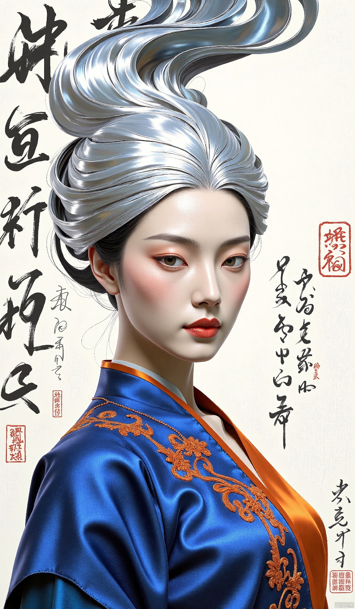 The image depicts a highly stylized portrait of a woman with a striking and artistic appearance. She is dressed in traditional attire, featuring a blue garment with intricate orange embroidery. Her hair is elaborately styled, with a metallic silver swirl that gives a sense of movement and elegance. The background includes artistic calligraphy in black ink, adding a cultural and historical touch to the composition. Additionally, there are red stamps and seals on the right side of the image, which are traditional in nature, likely indicating the artist's signature or a mark of authenticity.