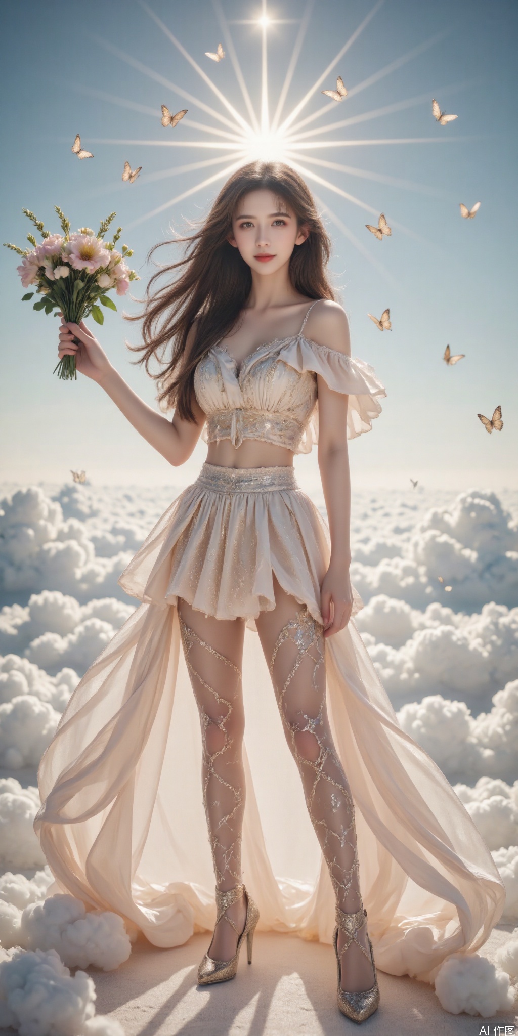 surreal warm cinematic full body shot photography, Kodak Professional Portra 160, 1girl,looking_at_viewer,navel,,exquisite diamond-encrusted high heels, ,kind smile,. , argyle legwear,star \(symbol\),super long legs, ,realistic,,pose for picture,Dynamic posture, ,良好解剖结构,真人肌肤纹理, 4K画质,完美身材,
The image depicts a serene and ethereal scene with a woman standing amidst a cloud-filled sky. She is dressed in a flowing, Short tops and skirts adorned with intricate gold patterns,
giving her an otherworldly and regal appearance. Her long, hair cascades down her back, 
and she holds a bunch of flowers  , which extends upwards and is illuminated by a radiant light. Surrounding her are numerous butterflies, their delicate wings shimmering in the soft light. The background consists of a sky filled with fluffy, white clouds, creating a dreamy and mystical atmosphere. The overall composition exudes a sense of tranquility and otherworldly beauty.,