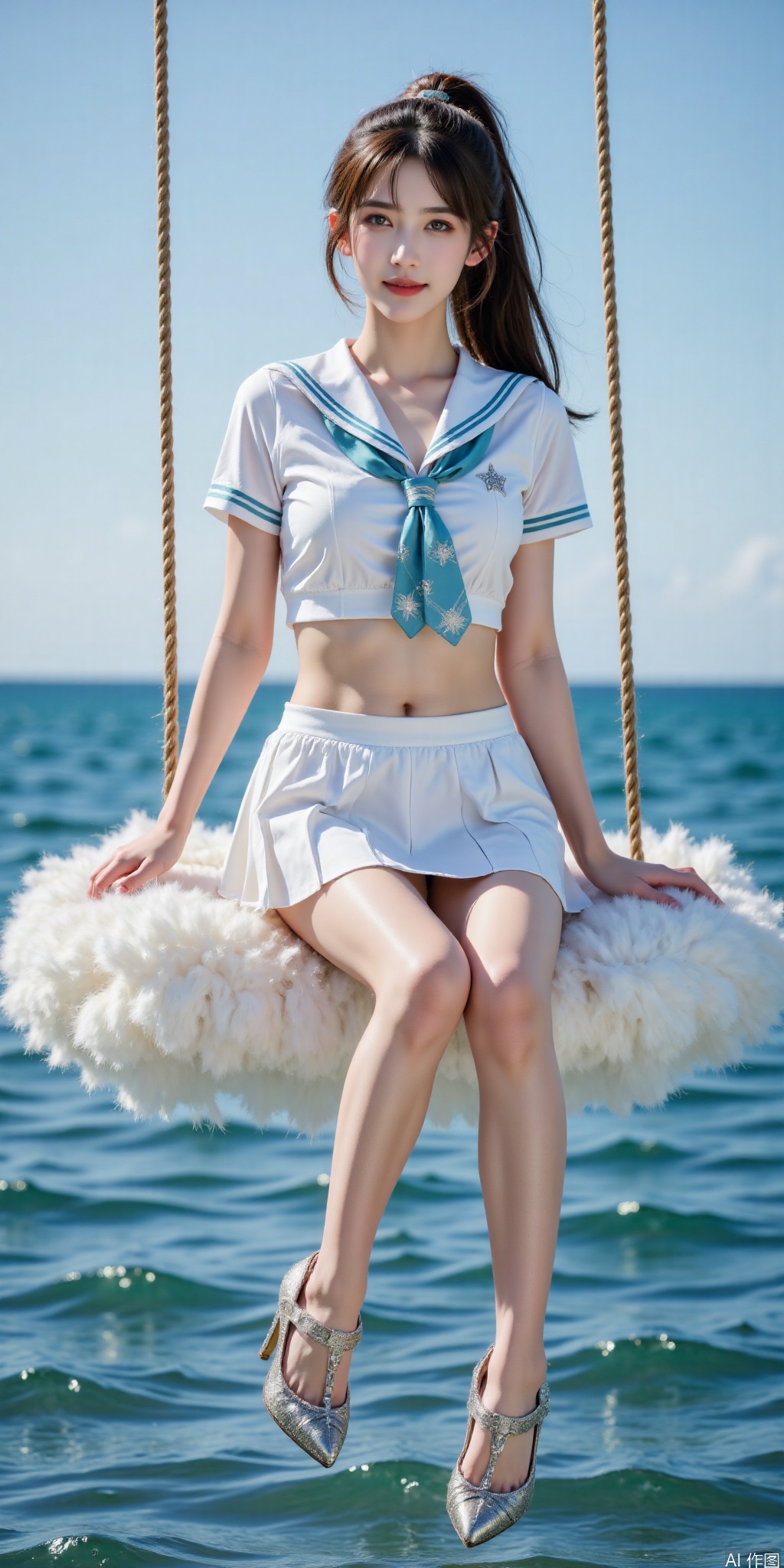 surreal warm cinematic full body shot photography, Kodak Professional Portra 160, 1girl,looking_at_viewer,navel,,exquisite diamond-encrusted high heels, ,kind smile,. , argyle legwear,star \(symbol\),super long legs, ,realistic,,pose for picture,Dynamic posture, ,良好解剖结构,真人肌肤纹理, 4K画质,完美身材,long legs,Film texture, film and television, surrealism, a girl with a delicate face is sitting on a cloud swing. The girl is wearing a jk sailor uniform, a white short-sleeved shirt, light blue stripes trimming, a light blue tie, white blue pleated skirt, exquisite diamond-encrusted high heels, swing rope The sub is connected to a cloud in the sky, the background is a vast ocean, the water shows a consistent blue-green tone, the sky is also blue-green, blending with the ocean, perfect light and shadow, hyper-realistic photography, sharpening, artistic conception, Consciousness, large areas of blank space, sense of space, haziness, dreams, fog,qinglin,High ponytail, hair ornament,green eyes