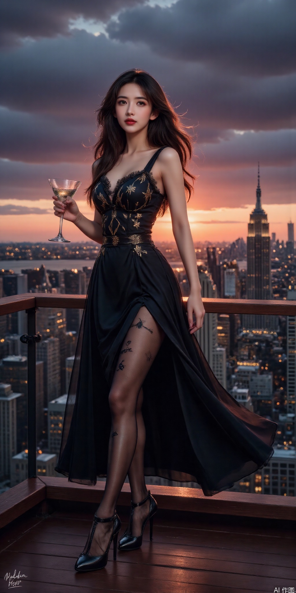 真人肌肤纹理, 4K画质,完美身材,1girl,looking_at_viewer,navel,big_breasts, high_heel,, argyle legwear,star \(symbol\),super long legs, ,realistic,,pose for picture,Dynamic posture,peafect body. ,,
aidmafluxpro1.1.
An elegant woman stands on the rooftop bar of a high-rise, gazing over the breathtaking New York City skyline. The golden-red hues of a fiery sunset ignite the clouds, casting dramatic reflections on the glass buildings. The warm glow highlights her silhouette, her flowing dress catching the evening breeze. A delicate martini glass rests in her hand, the light refracting through the liquid. The scene is painted in rich, textured oil strokes, blending realism with impressionistic warmth. The atmosphere is luxurious yet contemplative, with the distant hum of city life beneath her.