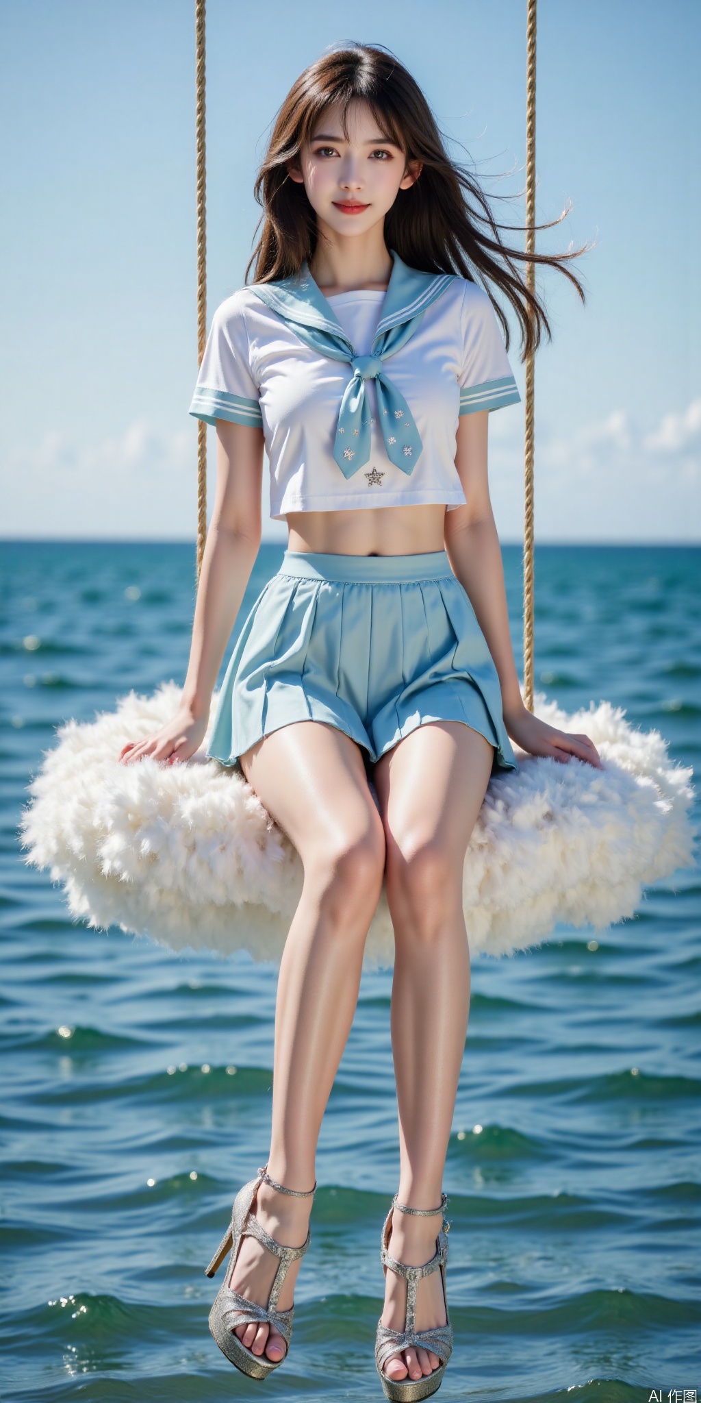 surreal warm cinematic full body shot photography, Kodak Professional Portra 160, 1girl,looking_at_viewer,navel,,exquisite diamond-encrusted high heels, ,kind smile,. , argyle legwear,star \(symbol\),super long legs, ,realistic,,pose for picture,Dynamic posture, ,良好解剖结构,真人肌肤纹理, 4K画质,完美身材,long legs,Film texture, film and television, surrealism, a girl with a delicate face is sitting on a cloud swing. The girl is wearing a jk sailor uniform, a white short-sleeved shirt, light blue stripes trimming, a light blue tie, white blue pleated skirt, exquisite diamond-encrusted high heels, swing rope The sub is connected to a cloud in the sky, the background is a vast ocean, the water shows a consistent blue-green tone, the sky is also blue-green, blending with the ocean, perfect light and shadow, hyper-realistic photography, sharpening, artistic conception, Consciousness, large areas of blank space, sense of space, haziness, dreams, fog,feifei