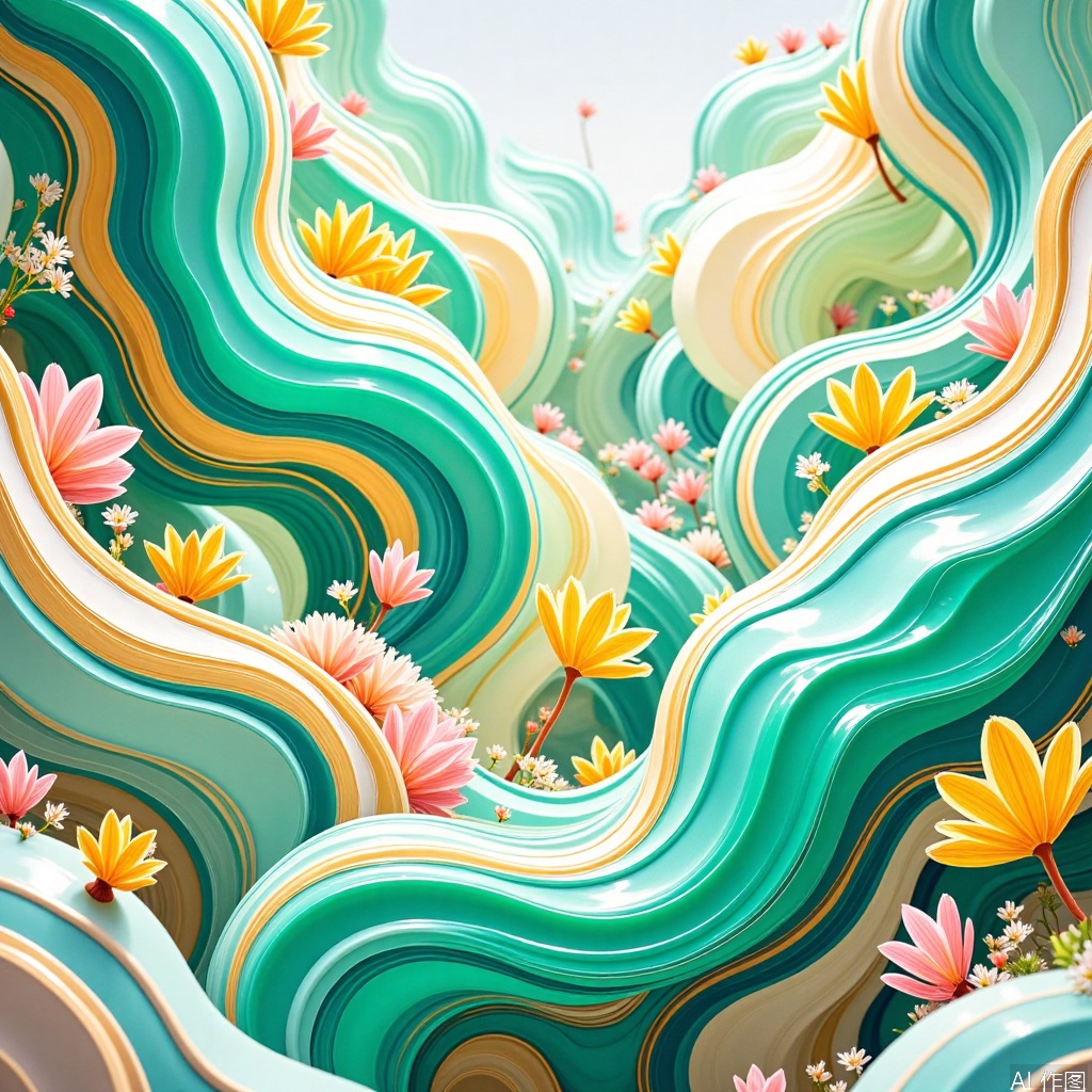 Nailong,Magical architecture, Alternate dimension view, hair flower, Landscape illustration, Minimalist and small fresh.,Dopamine city,Nailong,Fluid landscape