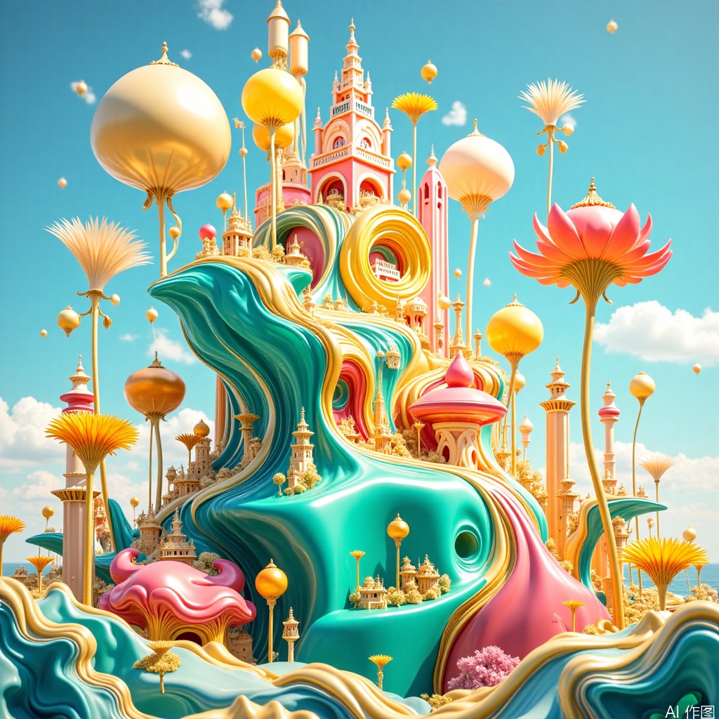 Nailong,Magical architecture, Alternate dimension view, hair flower, Landscape illustration, Minimalist and small fresh.,Dopamine city,Nailong,Fluid landscape