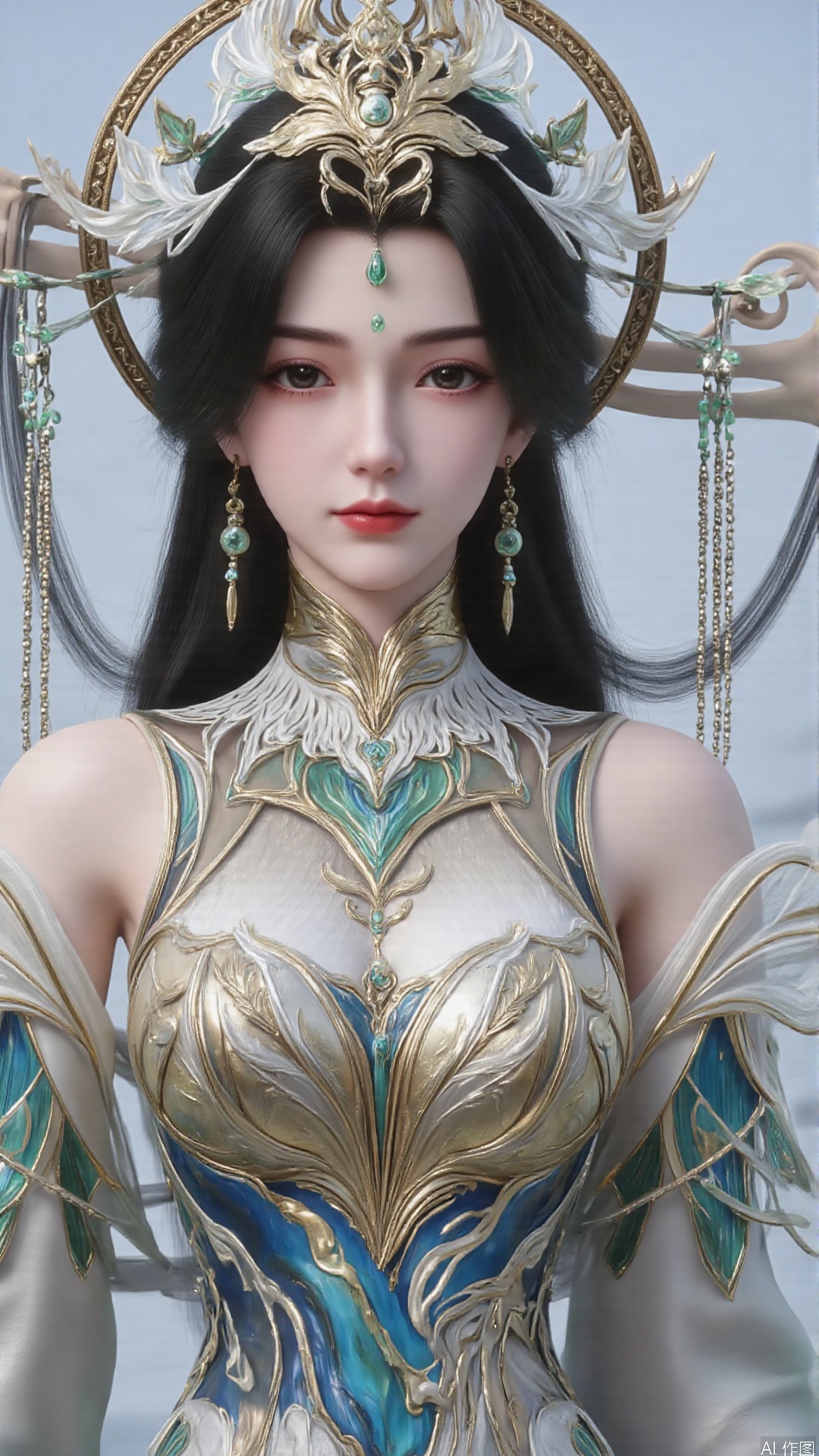 masterpiece,best quality,1girl, black hair, solo, dress, long hair, jewelry, earrings, forehead mark, facial mark, hair ornament, looking at viewer, hair rings, cowboy shot