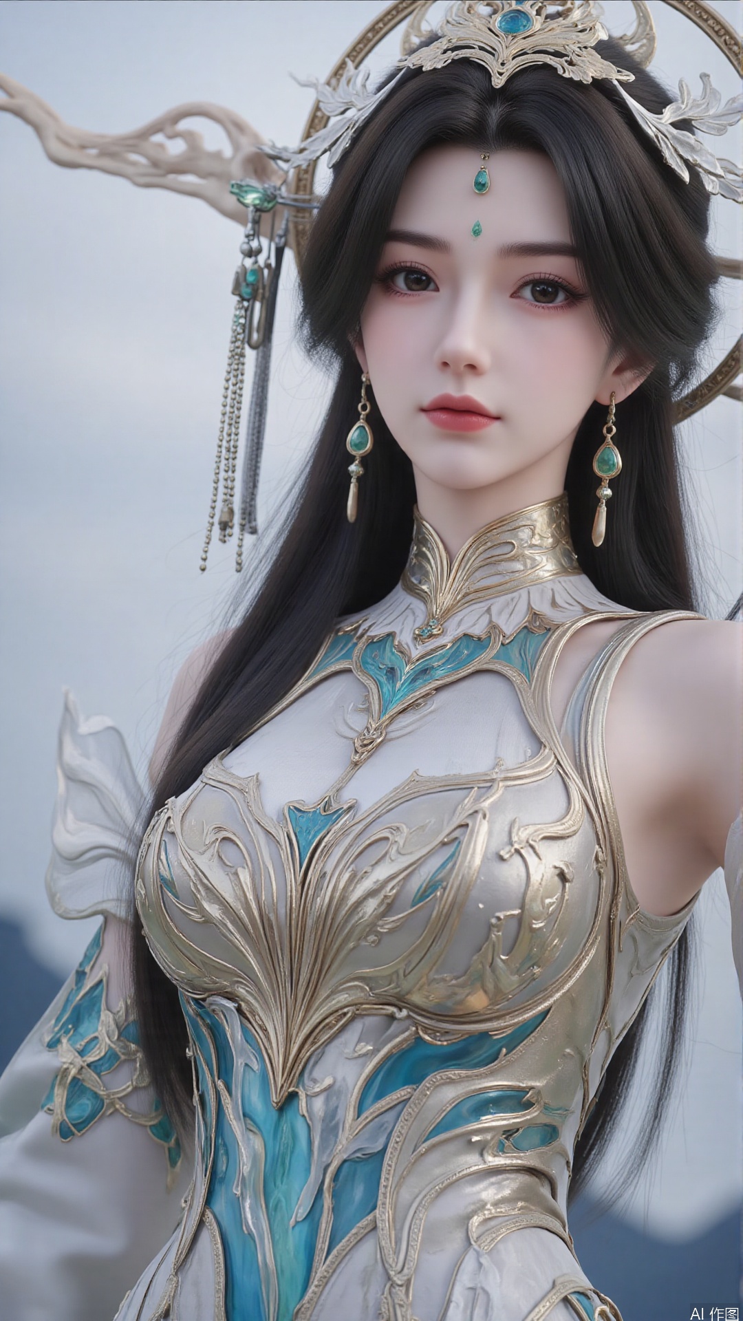 masterpiece,best quality,1girl, black hair, solo, dress, long hair, jewelry, earrings, forehead mark, facial mark, hair ornament, looking at viewer, hair rings, cowboy shot
