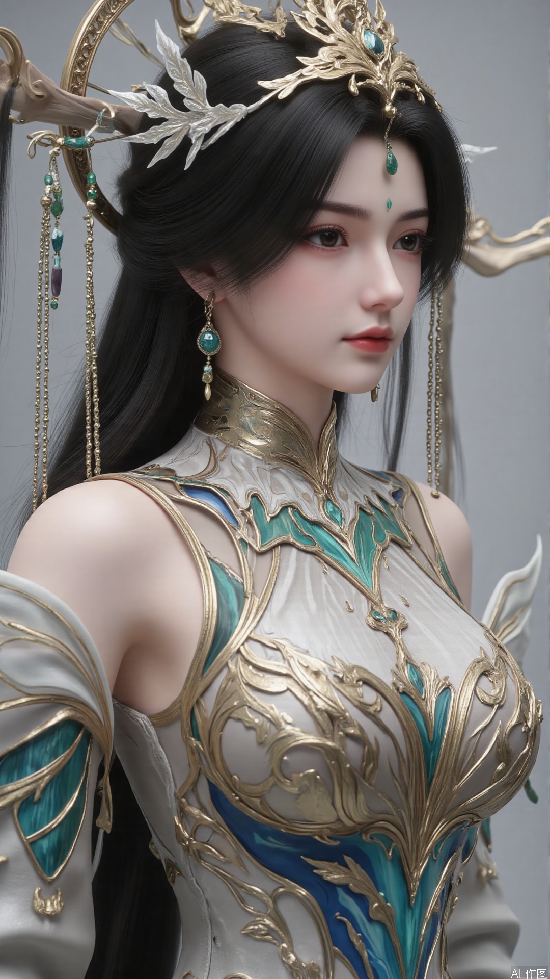 masterpiece,best quality,1girl, black hair, solo, dress, long hair, jewelry, earrings, forehead mark, facial mark, hair ornament, looking at viewer, hair rings, cowboy shot